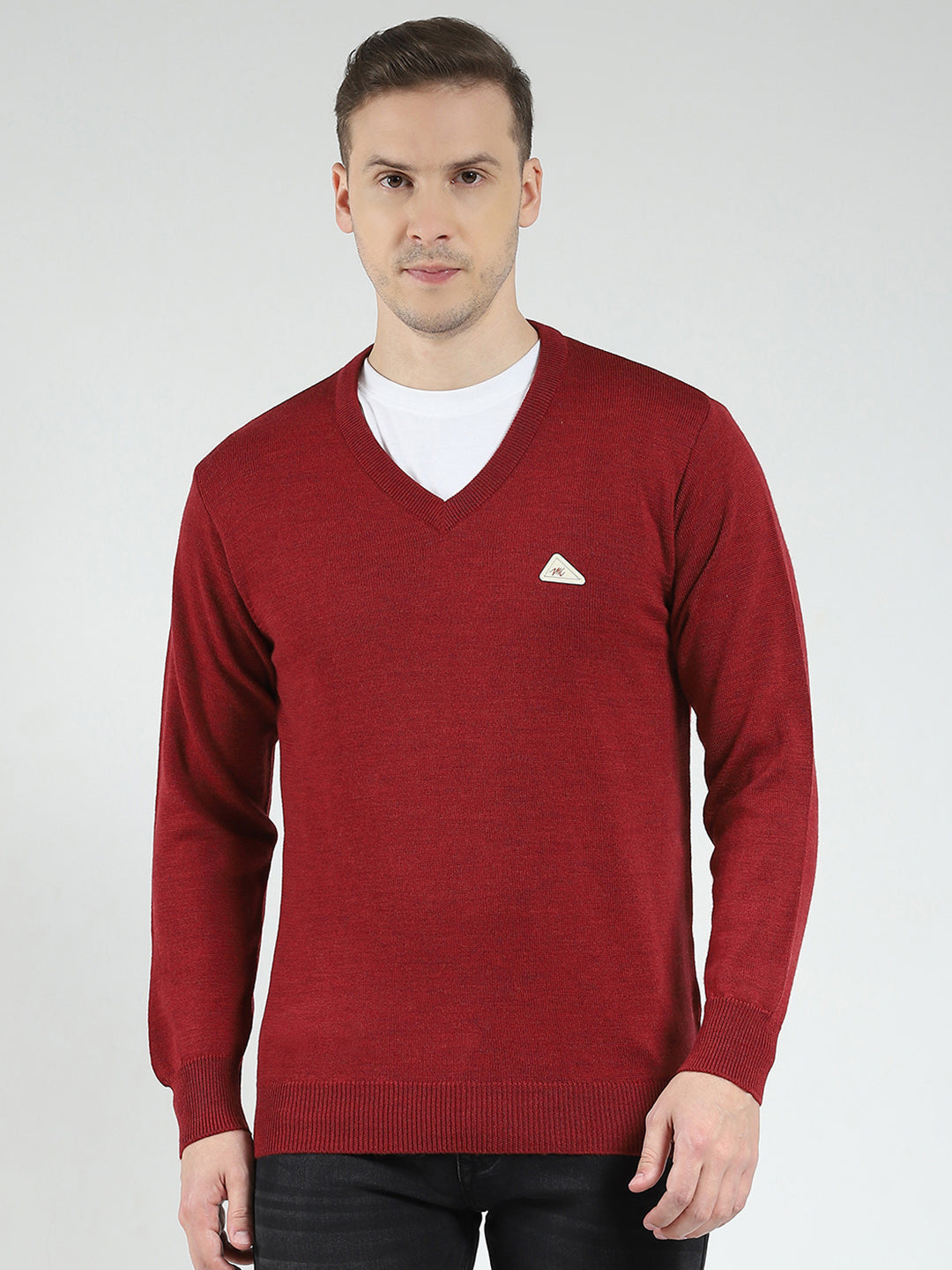 Men Maroon Solid V Neck Full Sleeve Pullover
