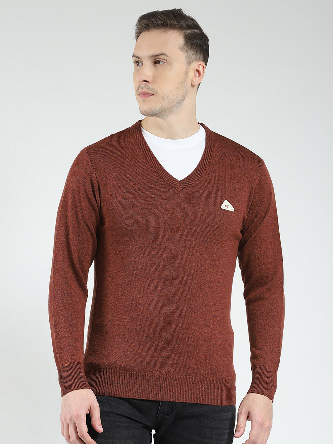 Men Rust Solid V Neck Full Sleeve Pullover