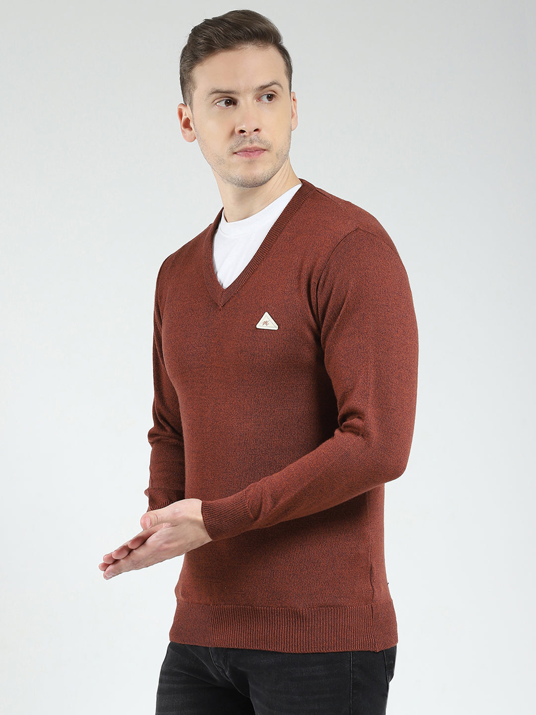 Men Rust Solid V Neck Full Sleeve Pullover