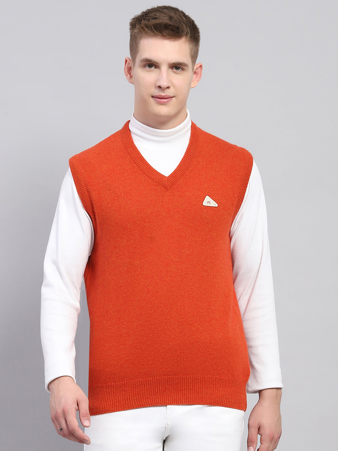 Men Orange Solid V Neck Sleeveless Sweater