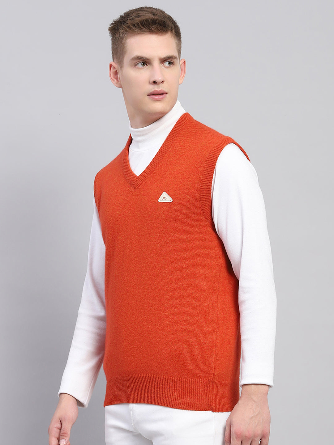 Men Orange Solid V Neck Sleeveless Sweater