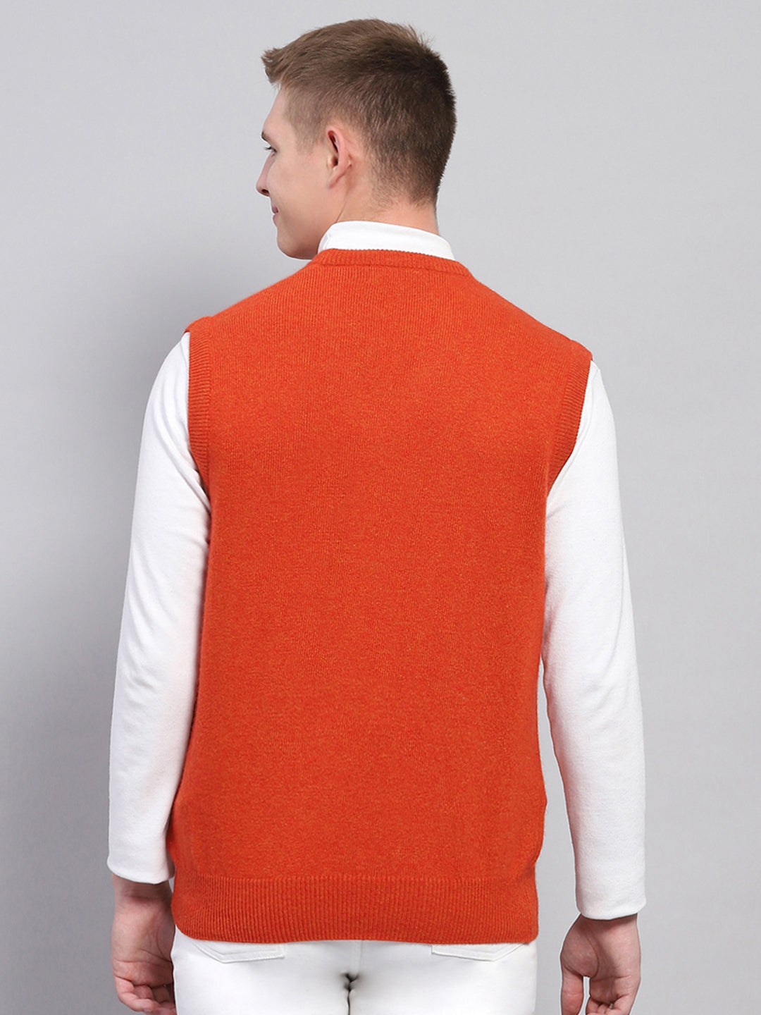 Men Orange Solid V Neck Sleeveless Sweater