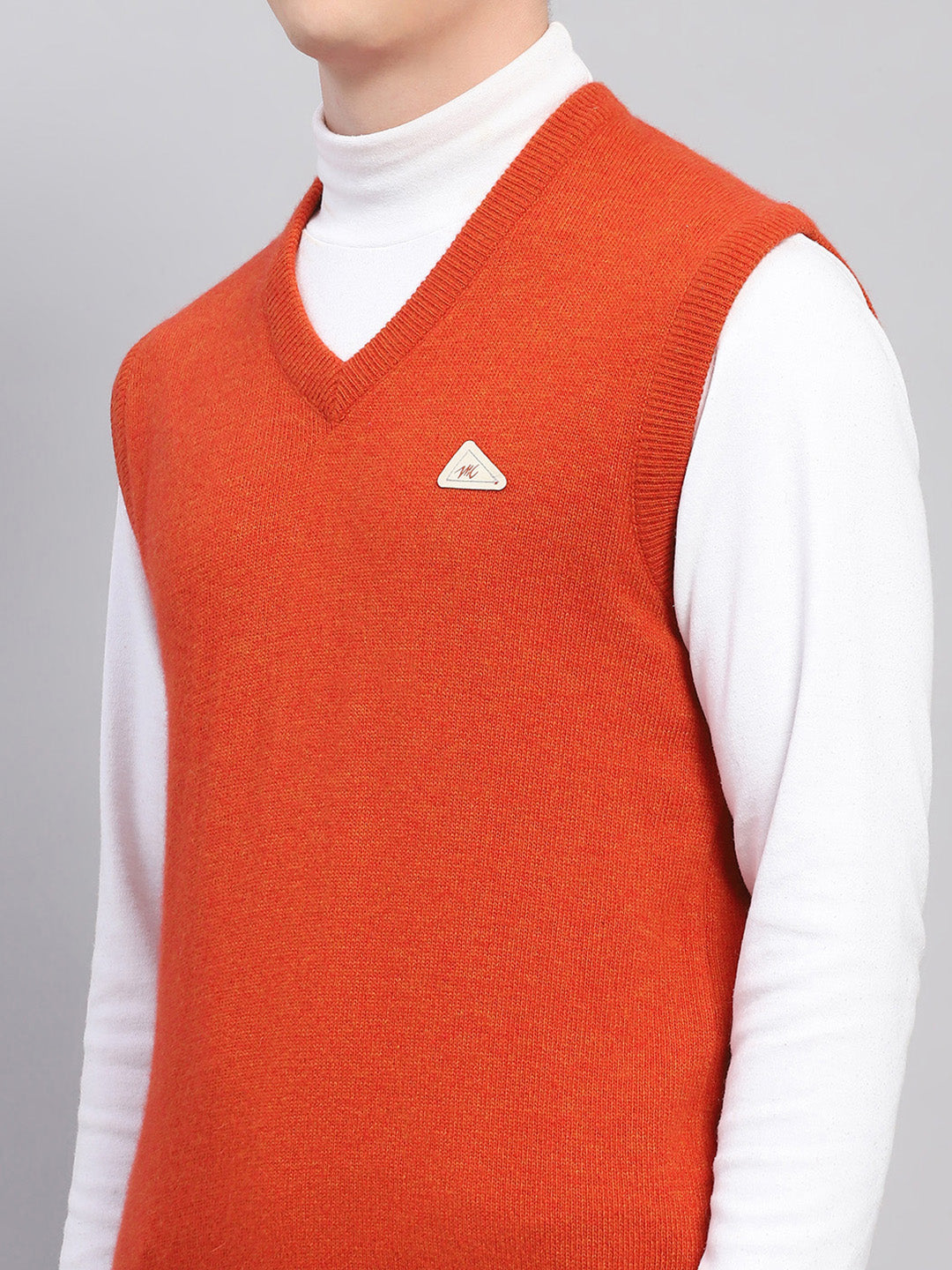 Men Orange Solid V Neck Sleeveless Sweater