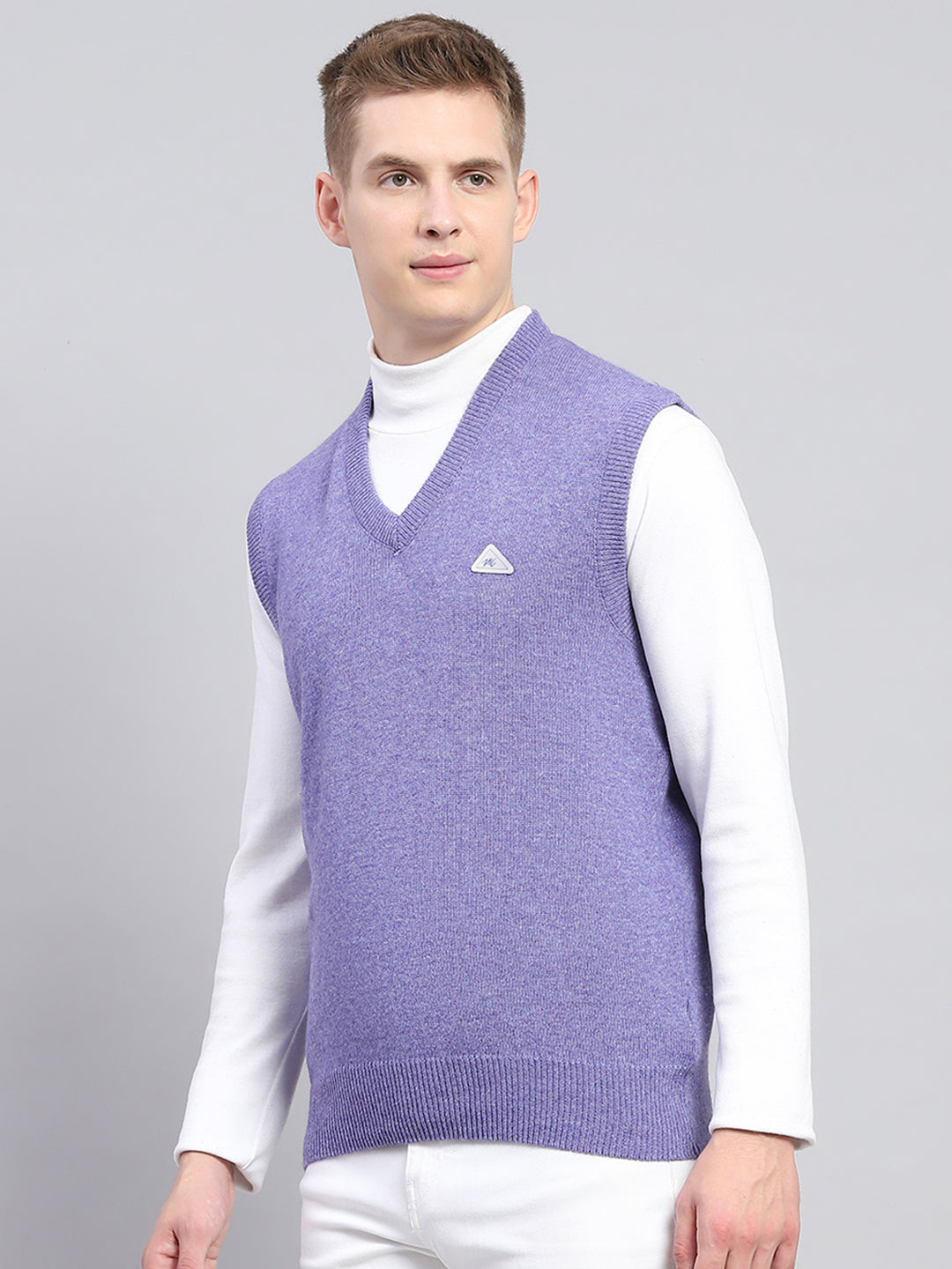 Men Purple Solid V Neck Sleeveless Sweater