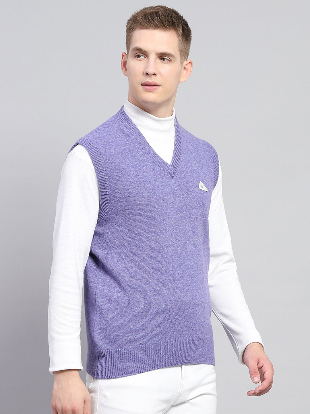 Men Purple Solid V Neck Sleeveless Sweater