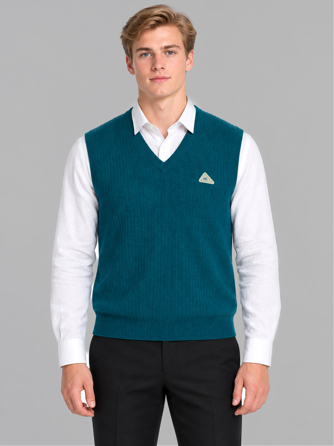 Men Blue Solid V Neck Sleeveless Sweater