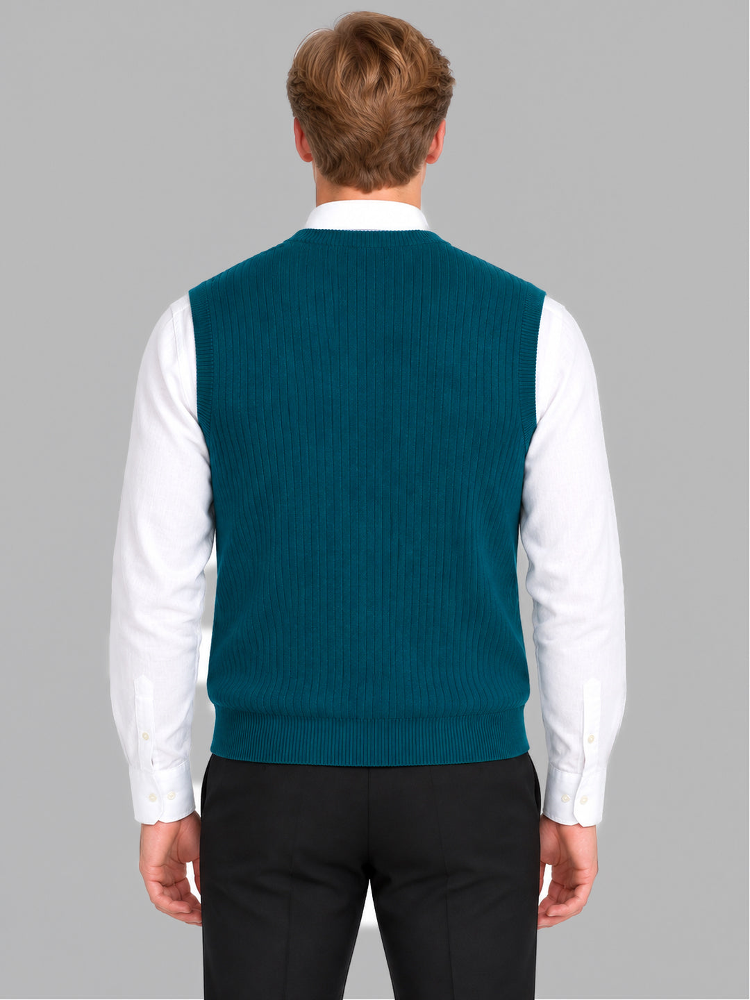 Men Blue Solid V Neck Sleeveless Sweater