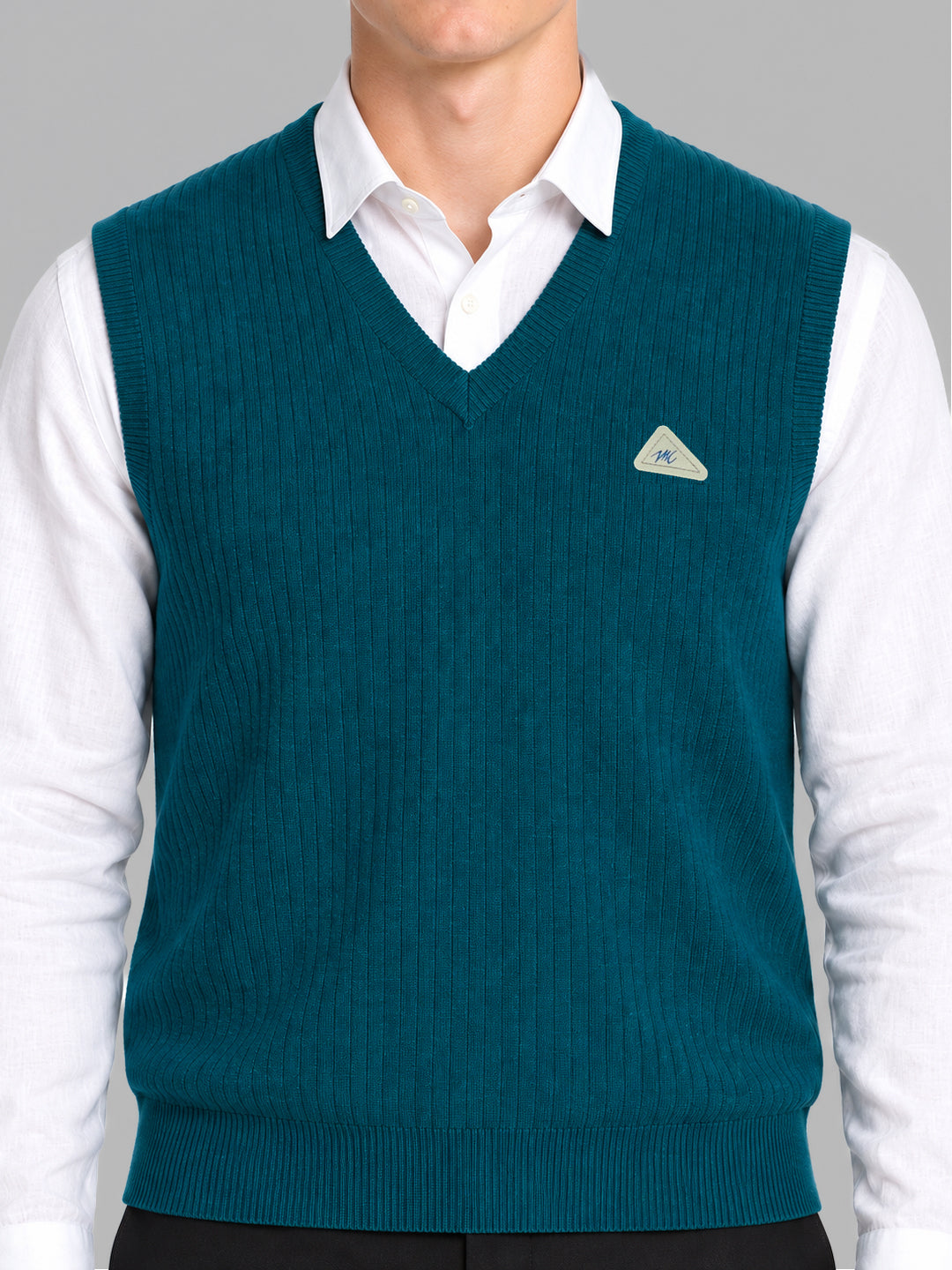 Men Blue Solid V Neck Sleeveless Sweater