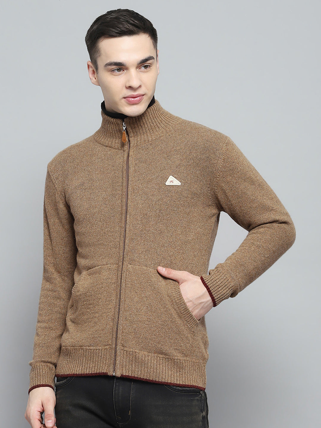 Men Brown Solid Mock Neck Full Sleeve Pullover