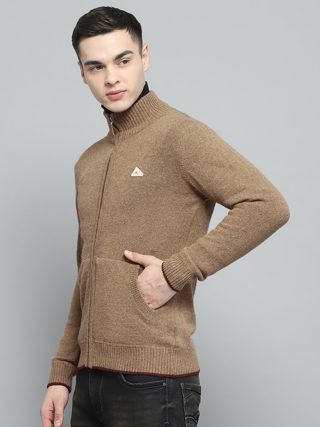 Men Brown Solid Mock Neck Full Sleeve Pullover
