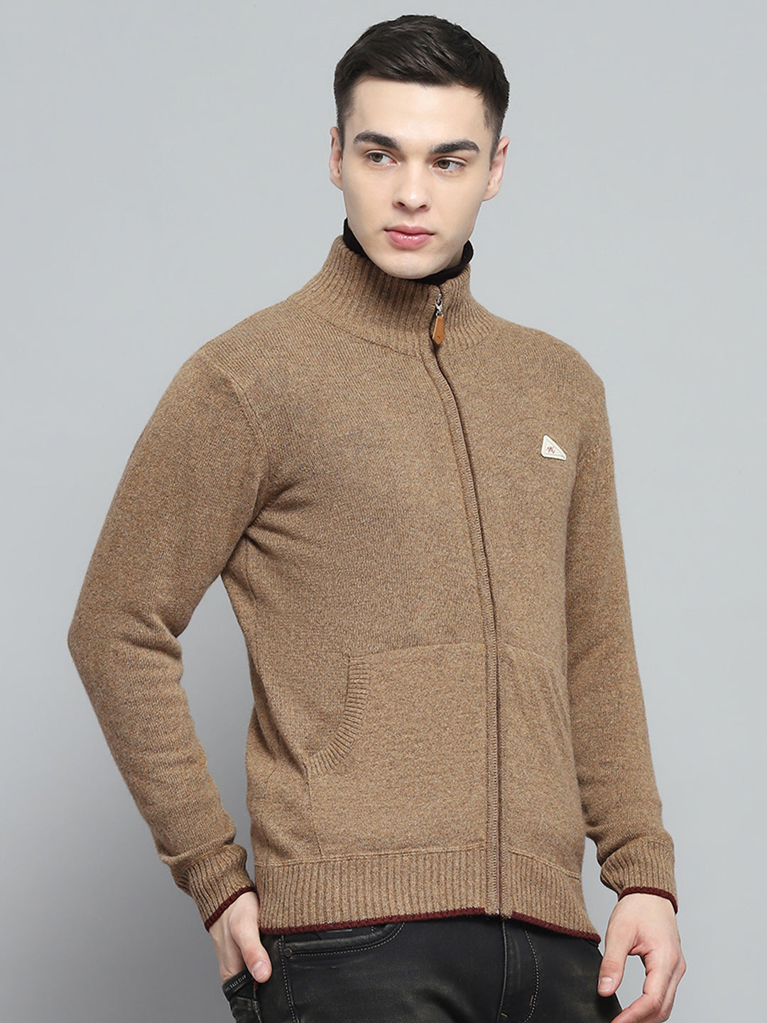 Men Brown Solid Mock Neck Full Sleeve Pullover