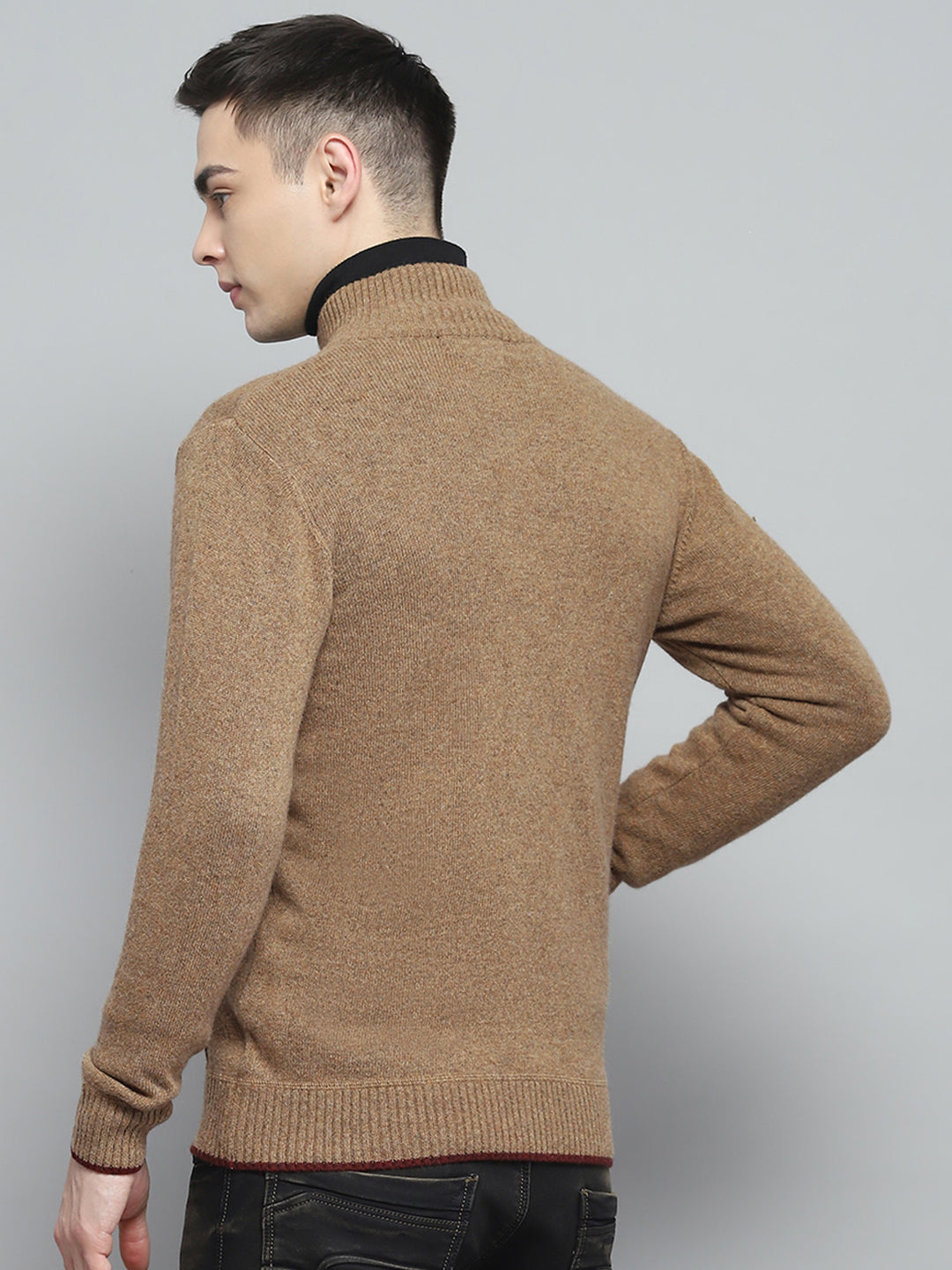 Men Brown Solid Mock Neck Full Sleeve Pullover