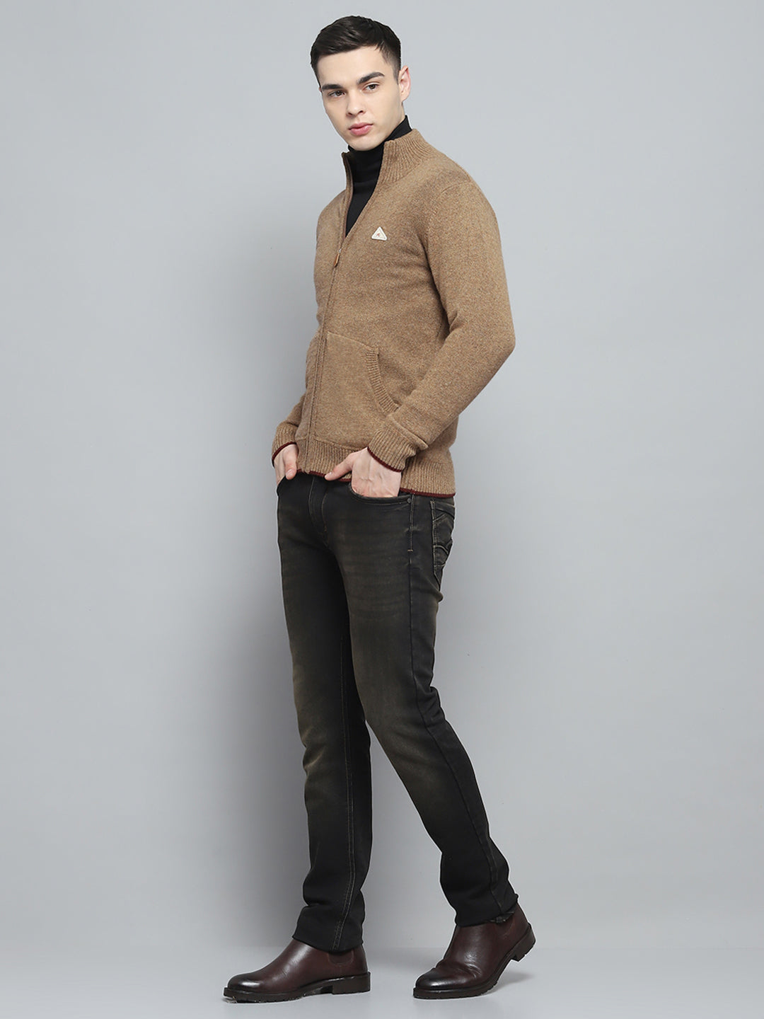 Men Brown Solid Mock Neck Full Sleeve Pullover