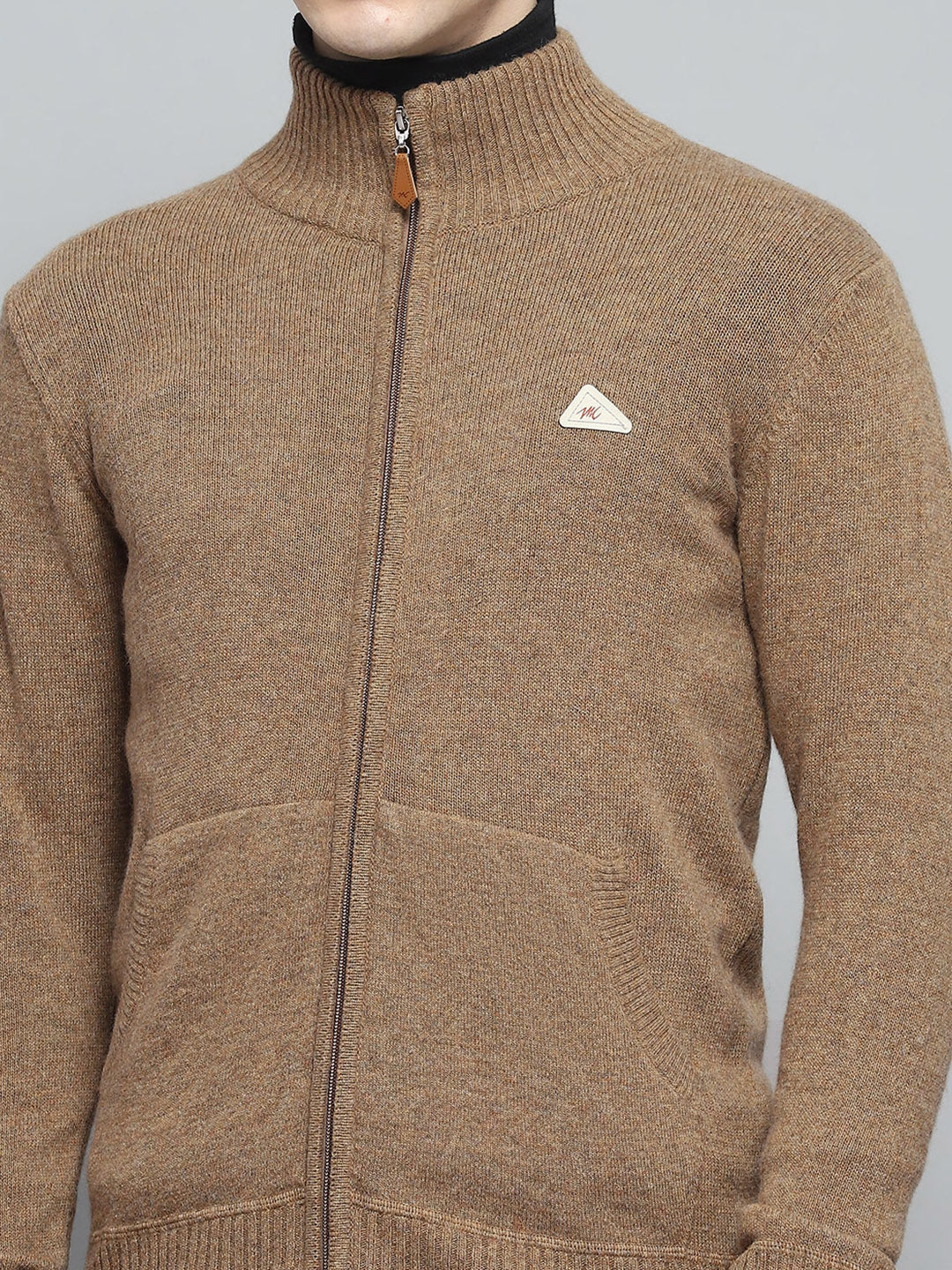 Men Brown Solid Mock Neck Full Sleeve Pullover