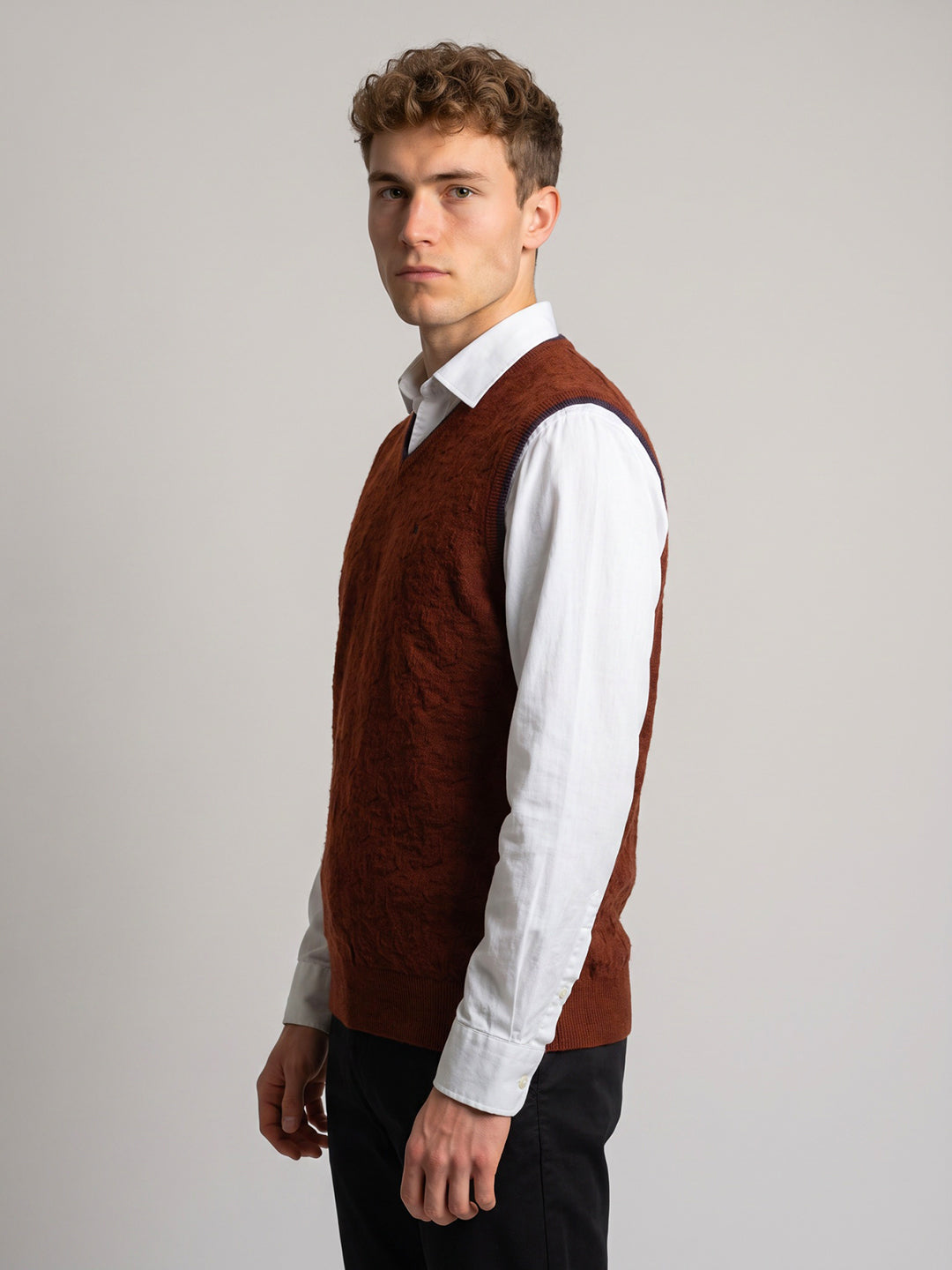 Luxuria Men Rust Self Design V Neck Sleeveless Sweater