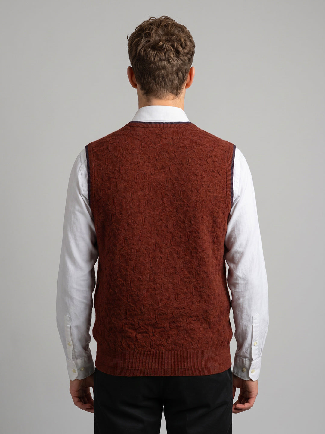 Luxuria Men Rust Self Design V Neck Sleeveless Sweater