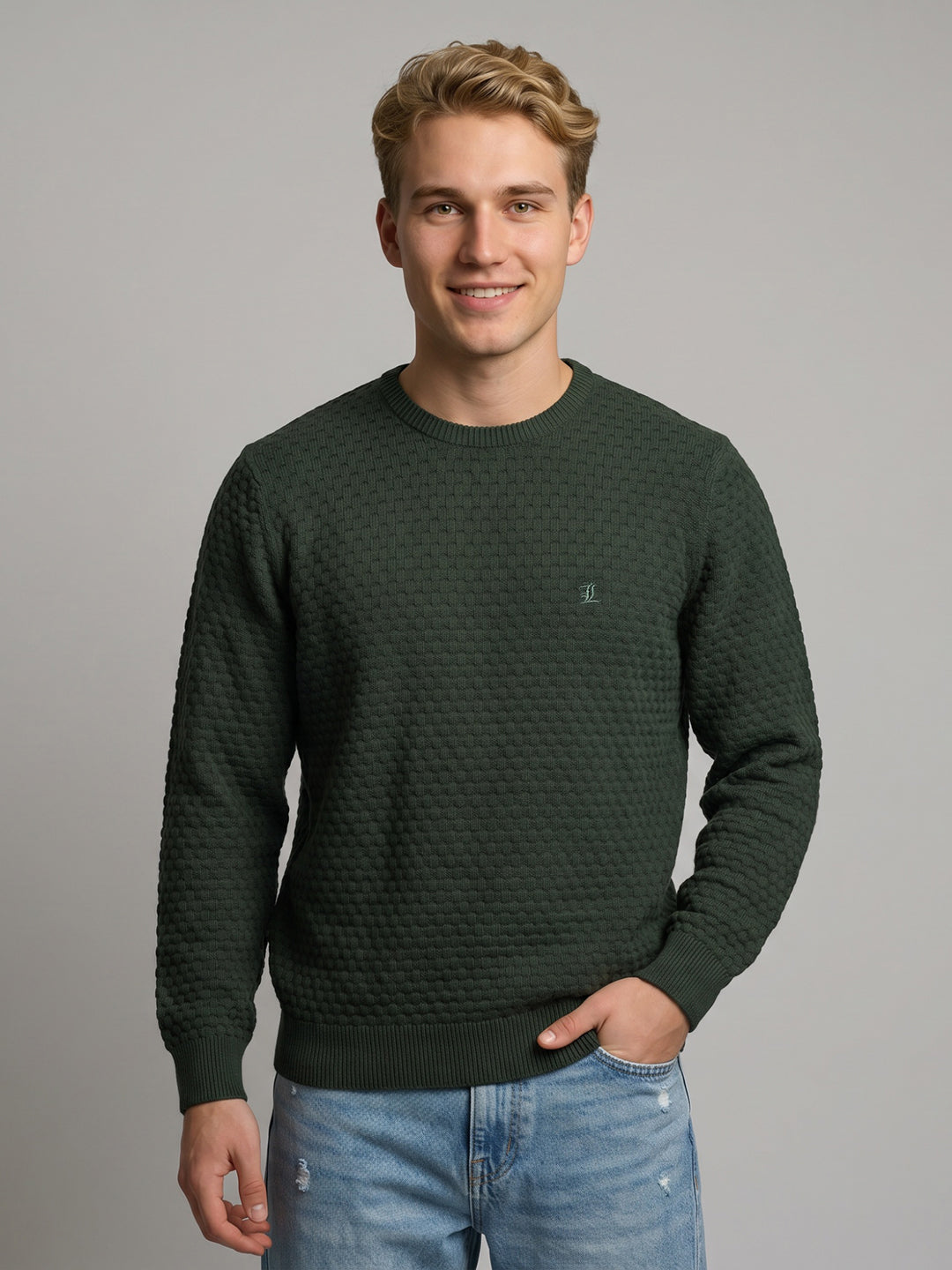 Luxuria Men Olive Self Design Round Neck Full Sleeve Pullover