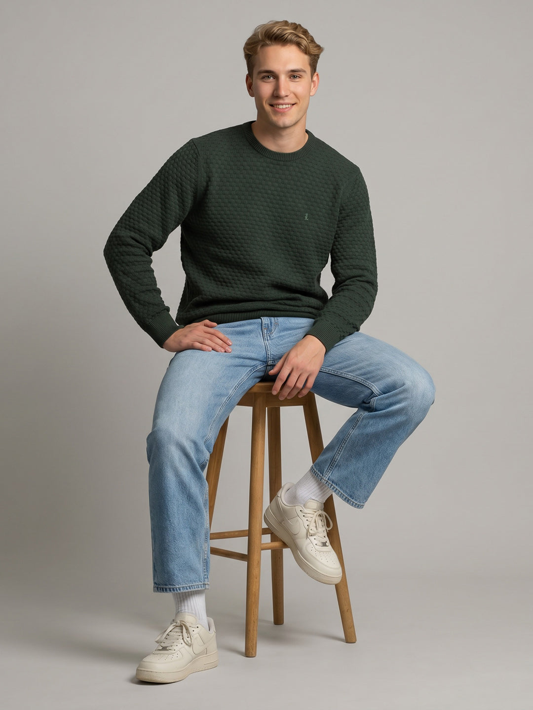 Luxuria Men Olive Self Design Round Neck Full Sleeve Pullover