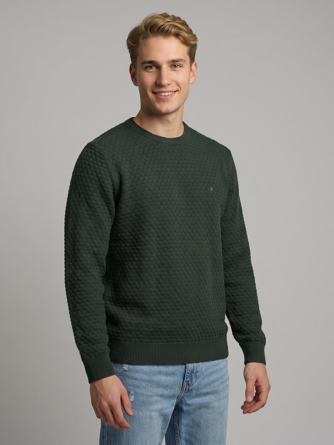 Luxuria Men Olive Self Design Round Neck Full Sleeve Pullover