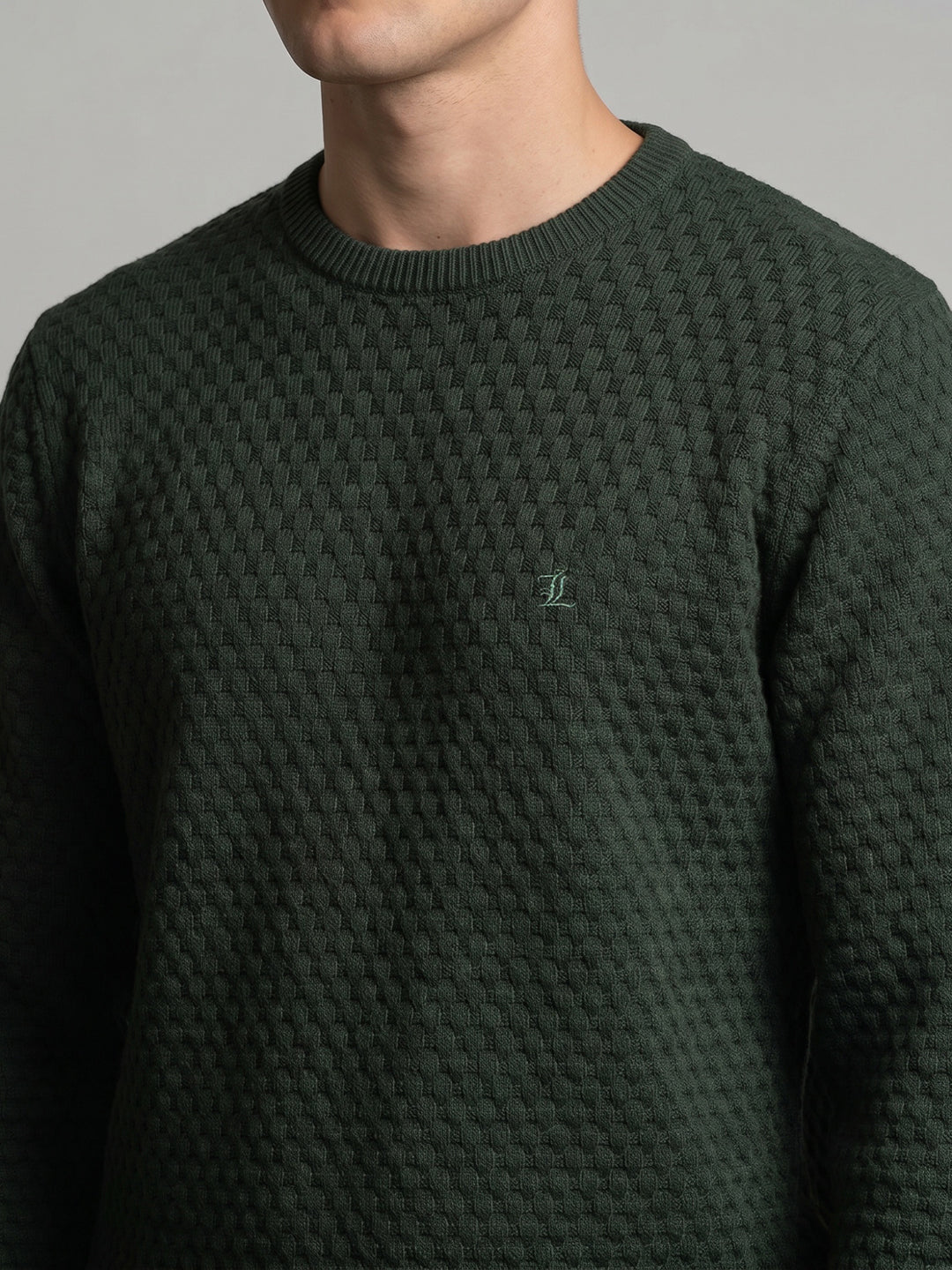 Luxuria Men Olive Self Design Round Neck Full Sleeve Pullover