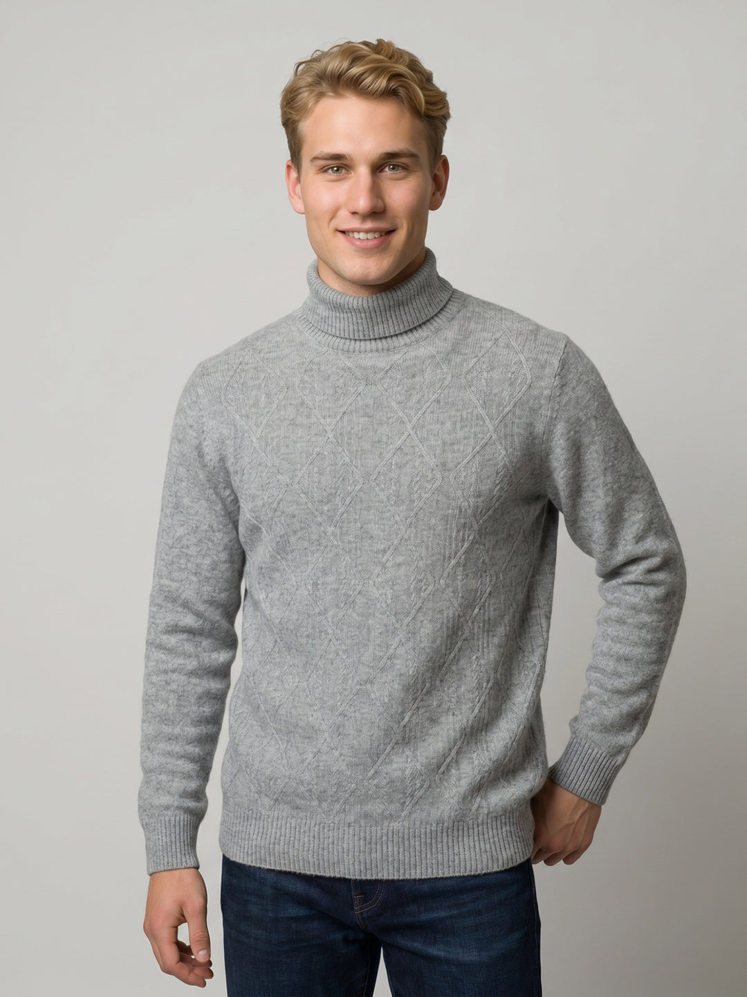 Luxuria Men Grey Melange Self Design High Neck Full Sleeve Pullover