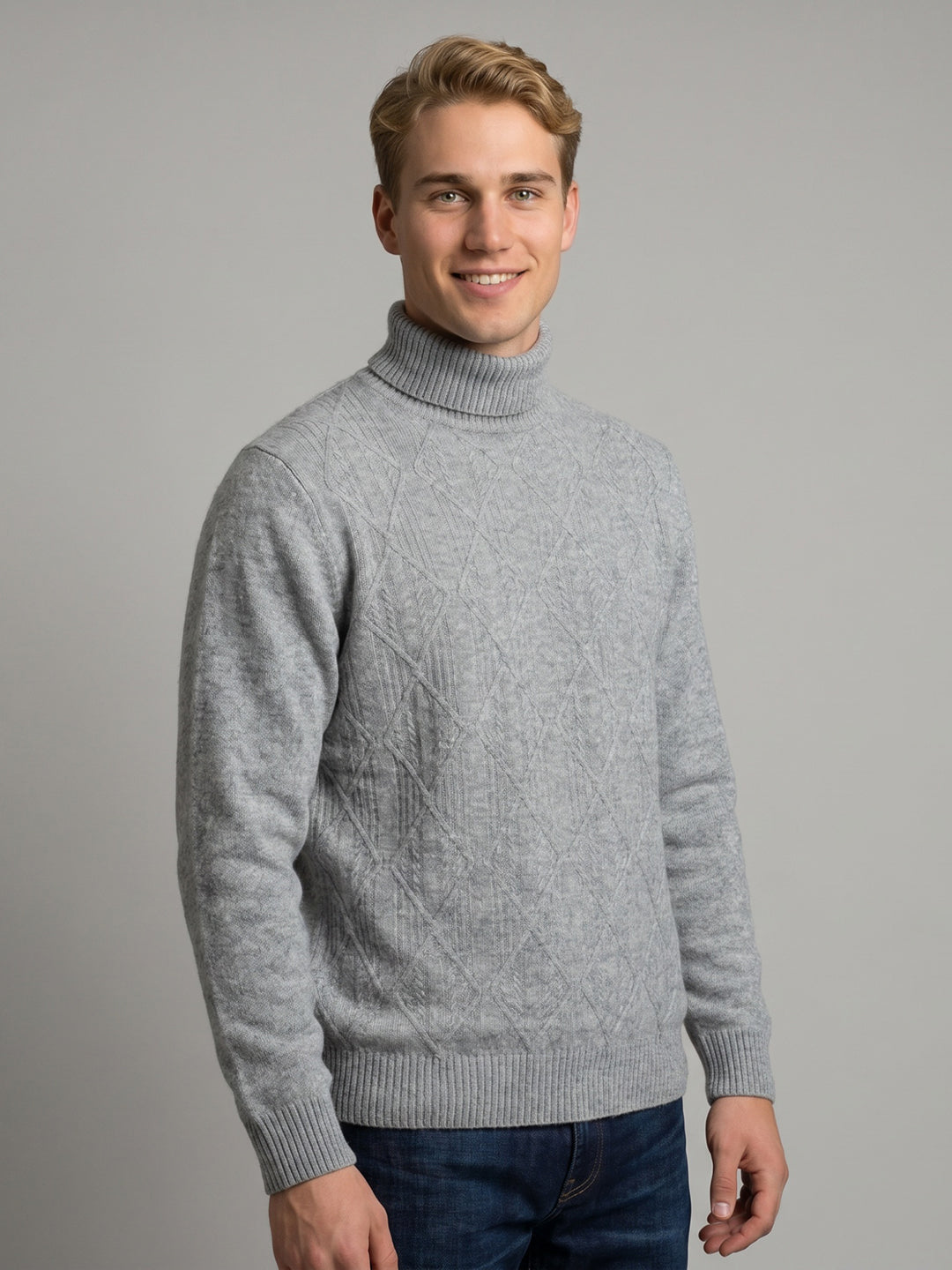 Luxuria Men Grey Melange Self Design High Neck Full Sleeve Pullover
