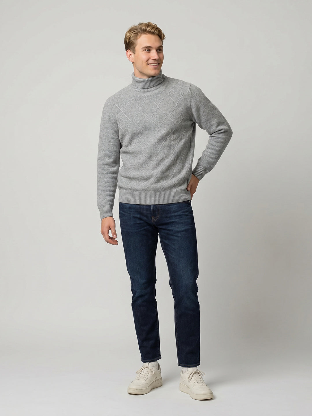 Luxuria Men Grey Melange Self Design High Neck Full Sleeve Pullover
