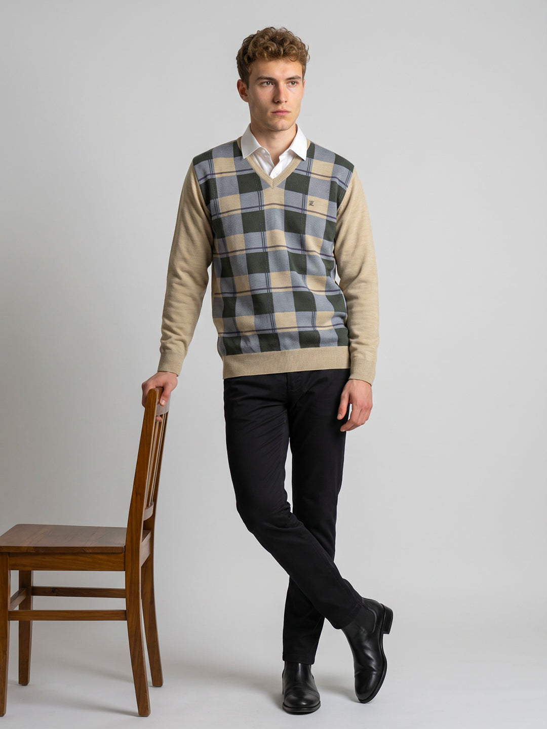 Luxuria Men Beige Check V Neck Full Sleeve Pullover