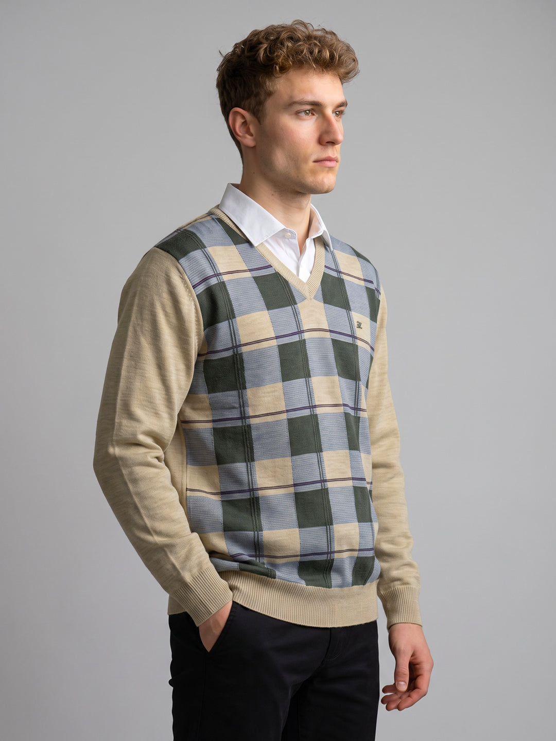 Luxuria Men Beige Check V Neck Full Sleeve Pullover