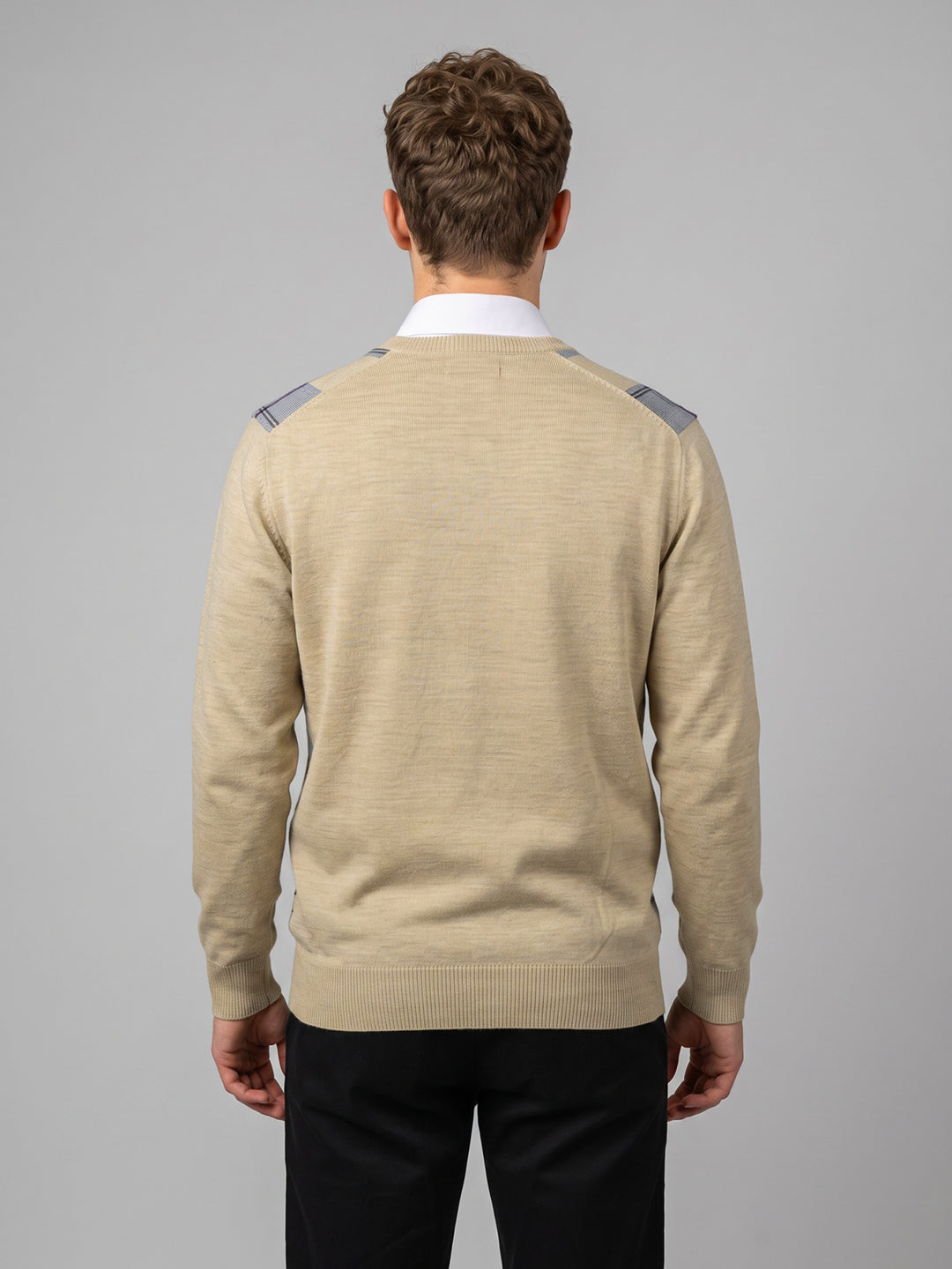 Luxuria Men Beige Check V Neck Full Sleeve Pullover
