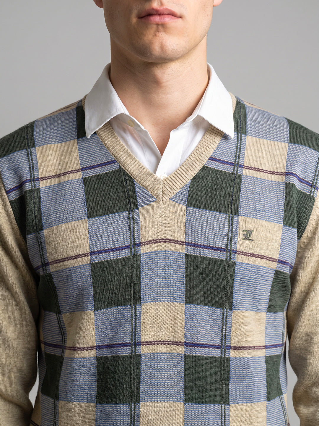 Luxuria Men Beige Check V Neck Full Sleeve Pullover