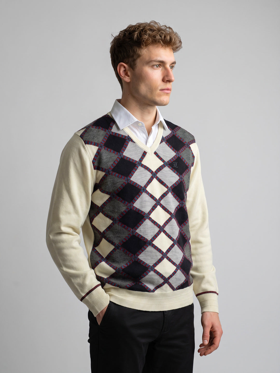 Luxuria Men White Self Design V Neck Full Sleeve Pullover