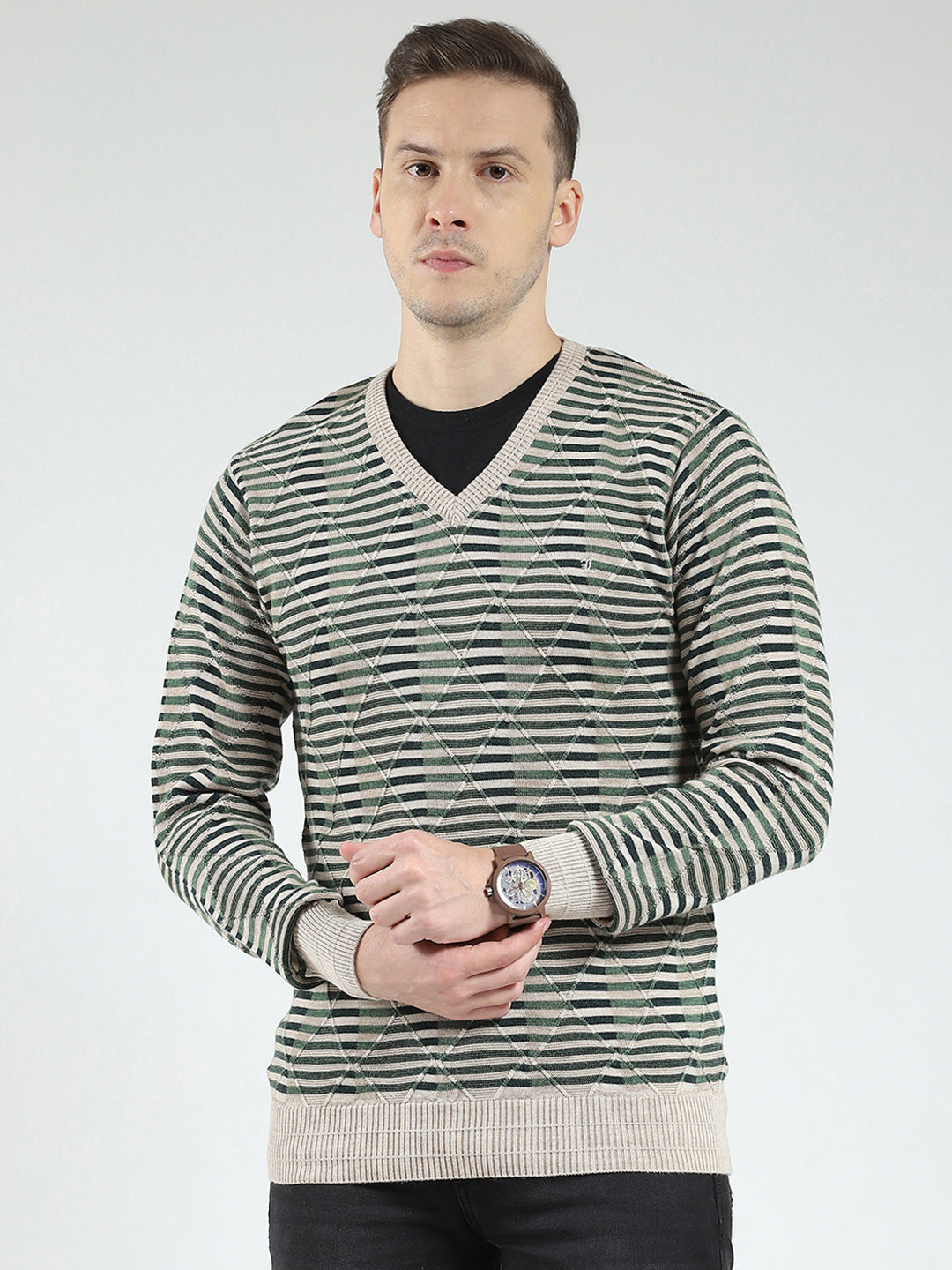 Luxuria Men Green Stripe V Neck Full Sleeve Pullover