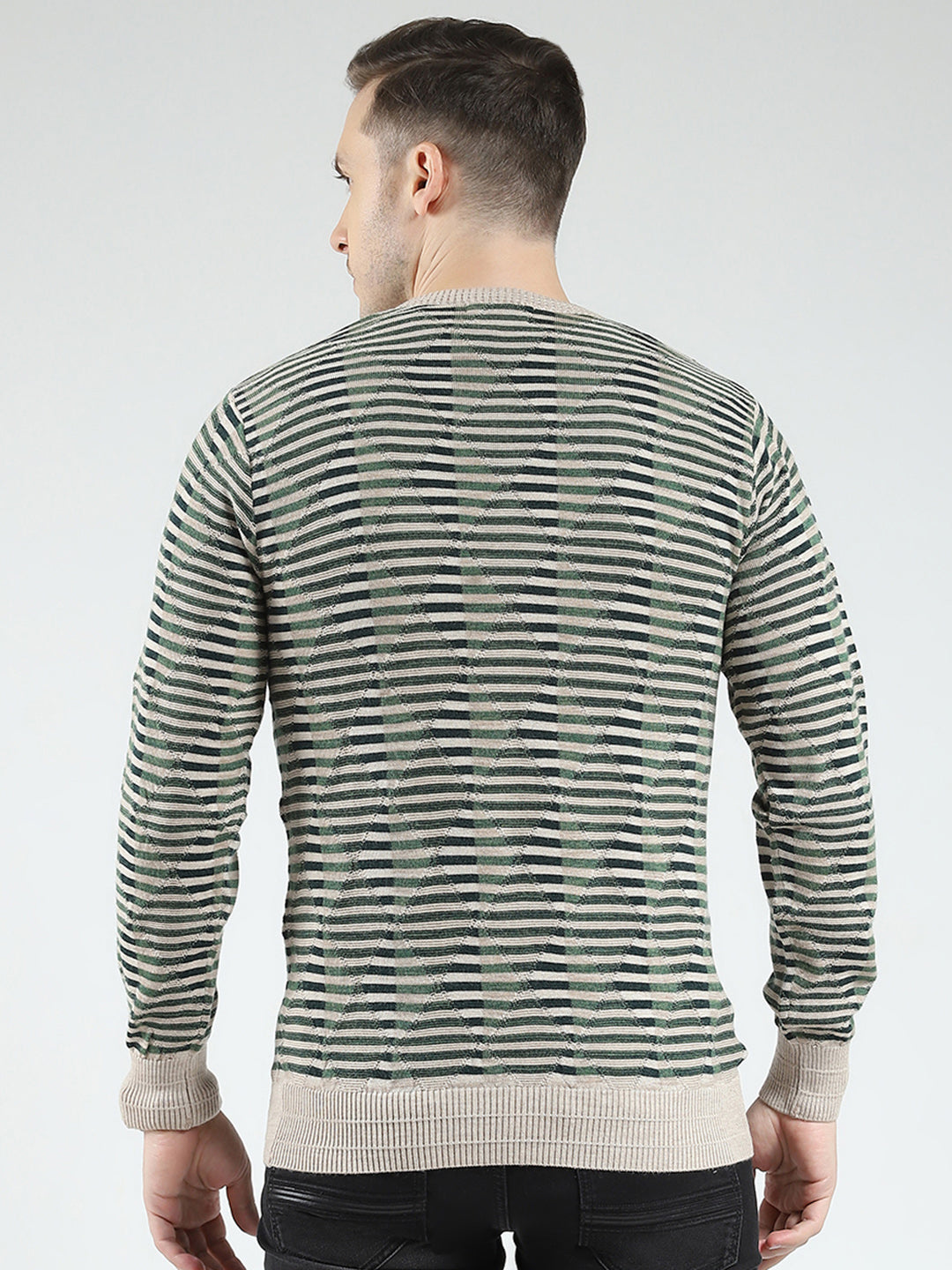 Luxuria Men Green Stripe V Neck Full Sleeve Pullover