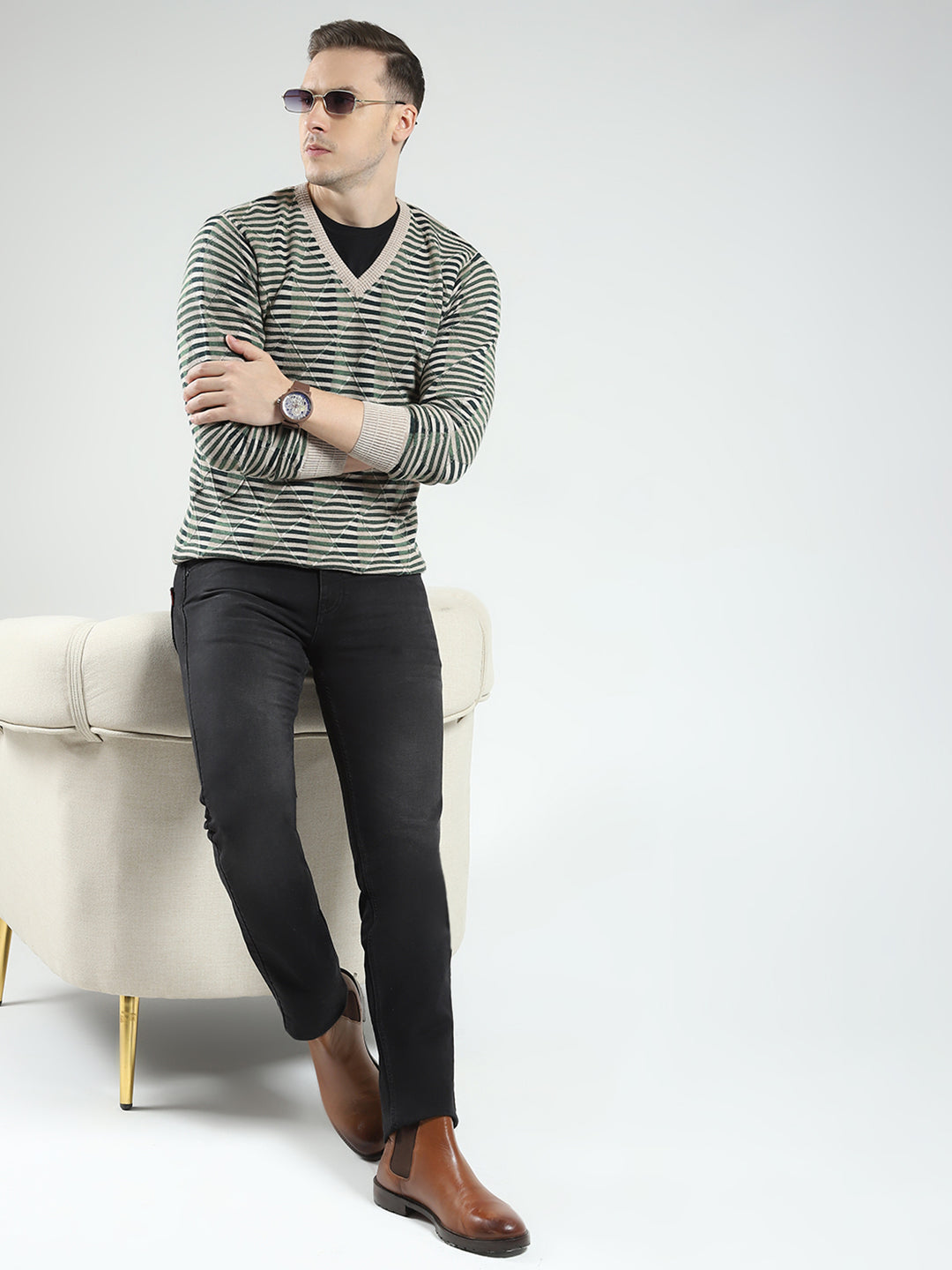 Luxuria Men Green Stripe V Neck Full Sleeve Pullover