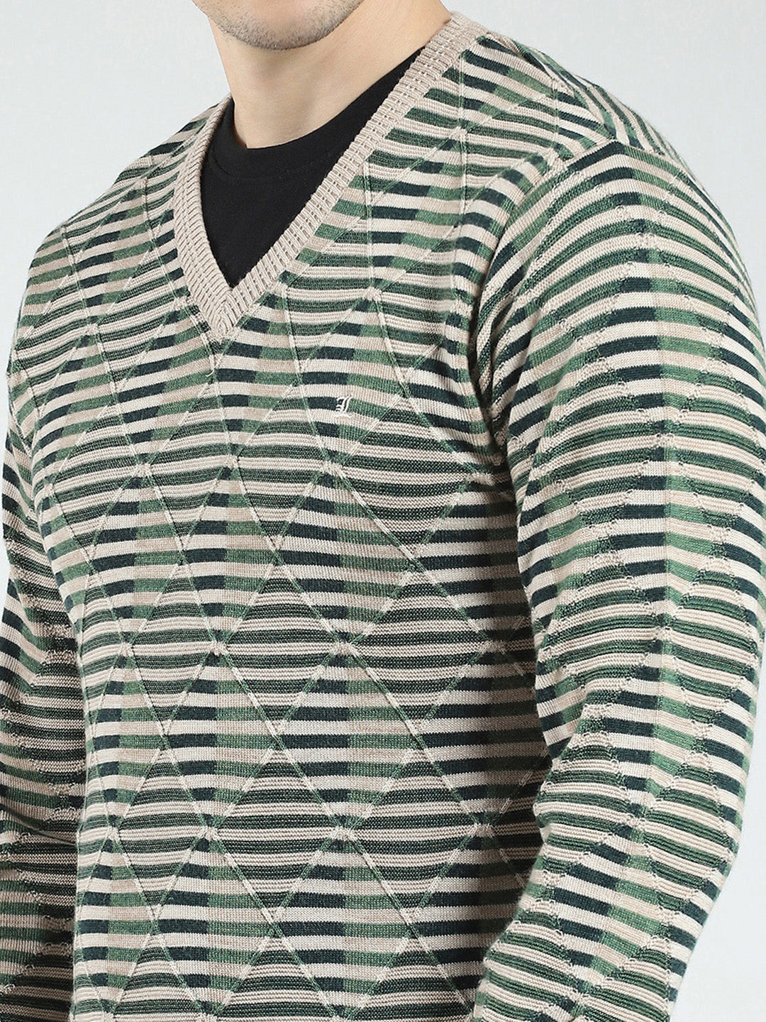 Luxuria Men Green Stripe V Neck Full Sleeve Pullover