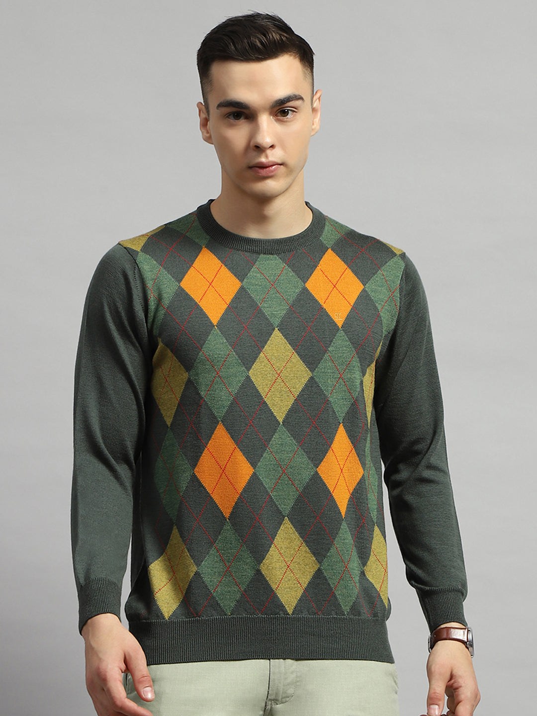 Luxuria Men Green Geometric Round Neck Full Sleeve Pullover