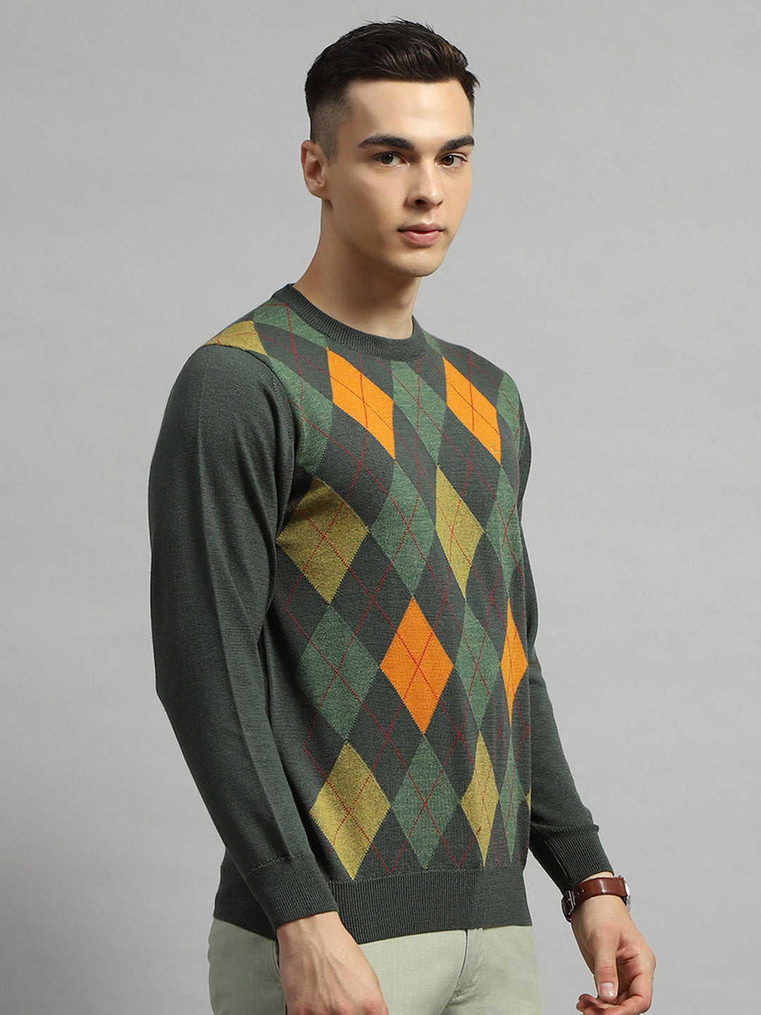 Luxuria Men Green Geometric Round Neck Full Sleeve Pullover