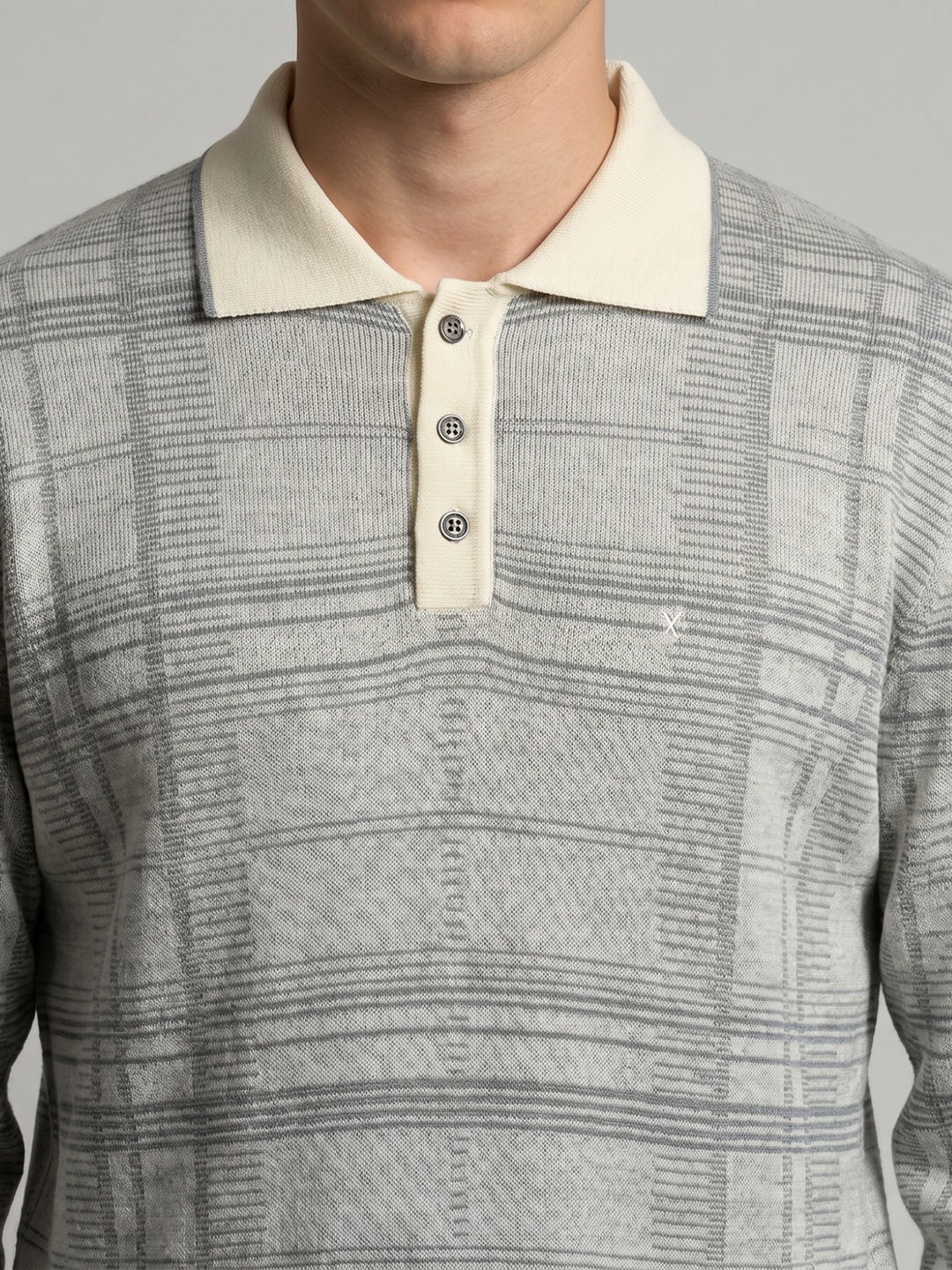 Luxuria Men Grey Jacquard Collar Full Sleeve Sweatshirt