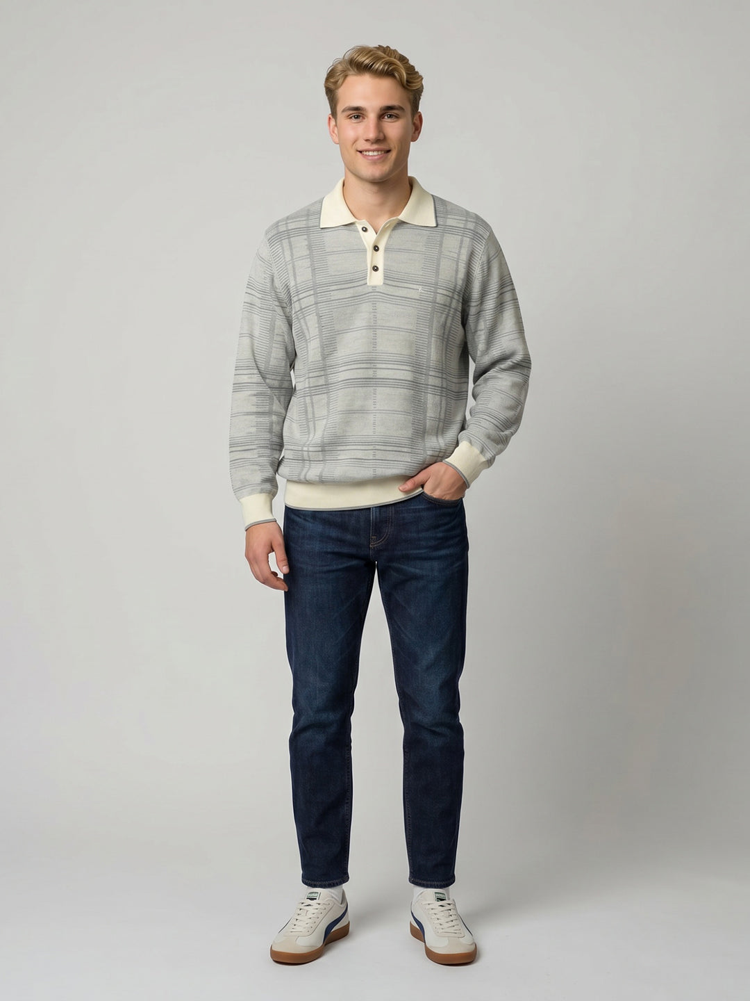 Luxuria Men Grey Jacquard Collar Full Sleeve Sweatshirt