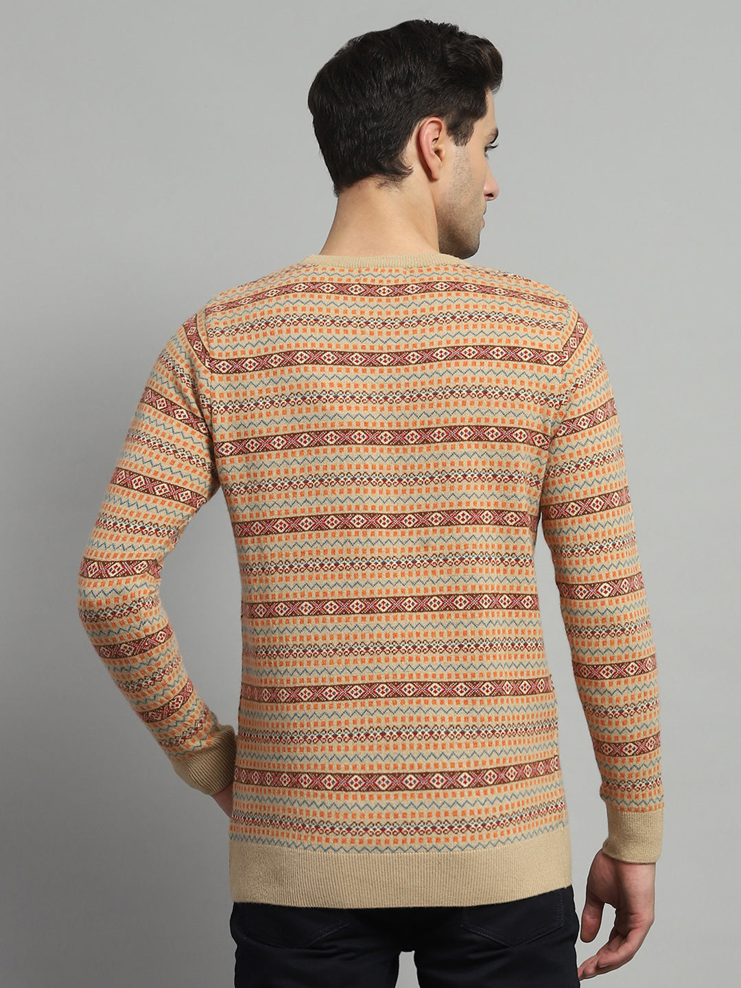 Luxuria Men Camel Brown Self Design Round Neck Full Sleeve Pullover