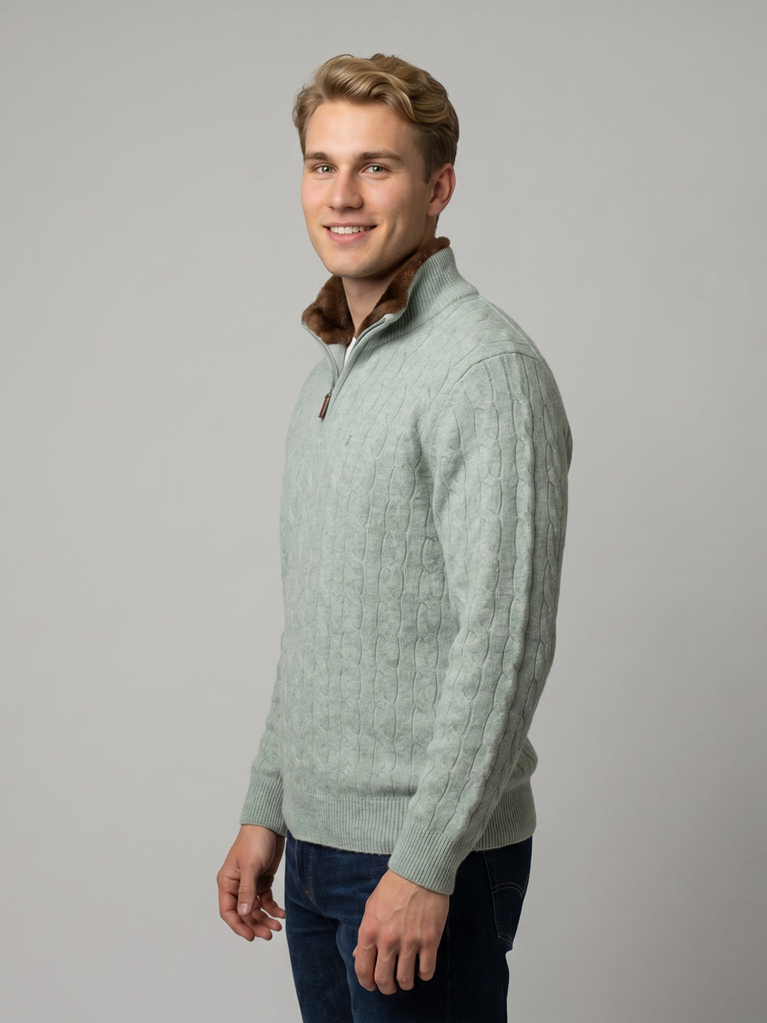Luxuria Men Green Self Design Collar Full Sleeve Jacket with Tasmanian Lamb Neck