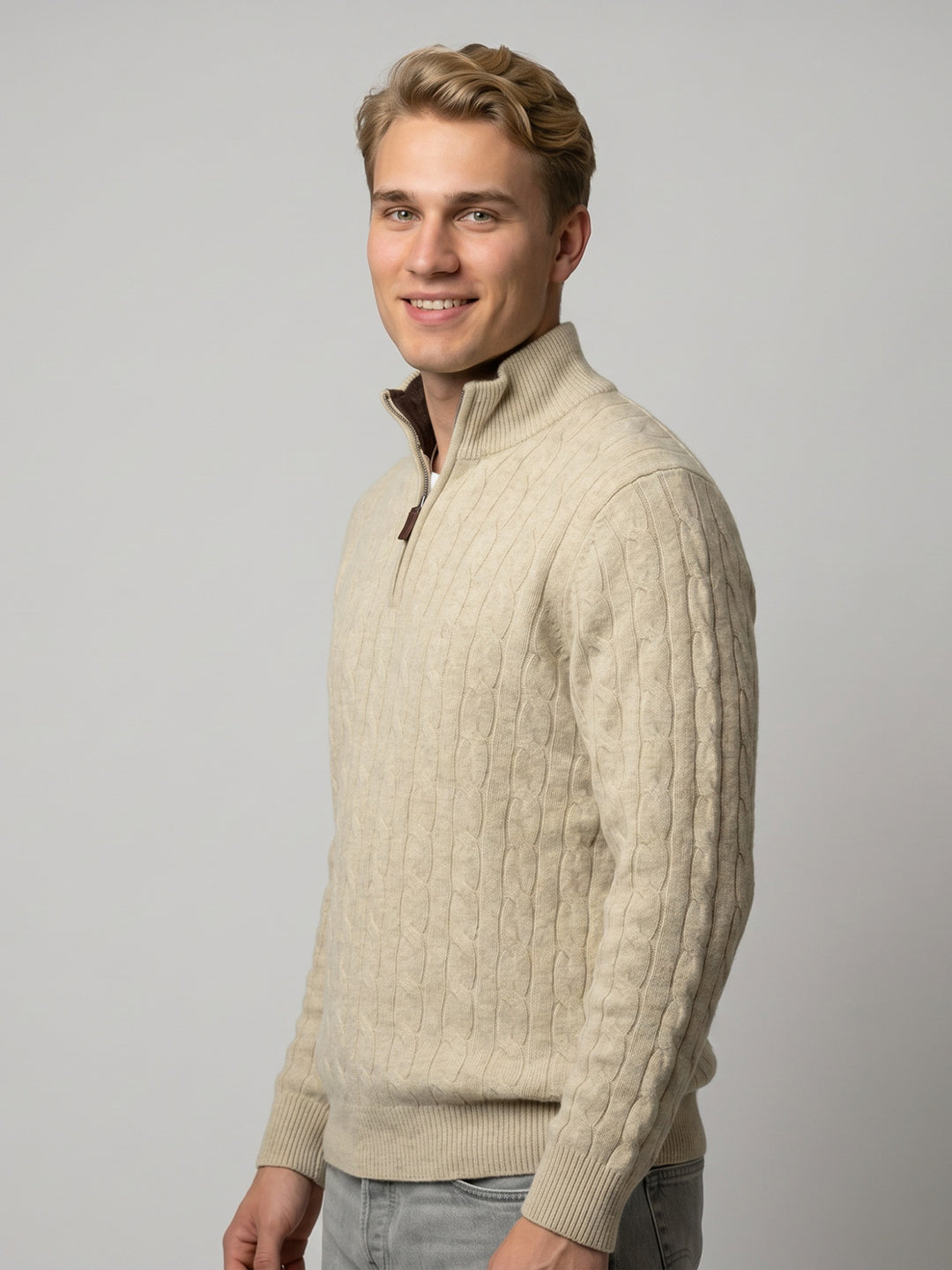 Luxuria Men Beige Self Design Collar Full Sleeve Pullover with Tasmania Lamb Neck Padding