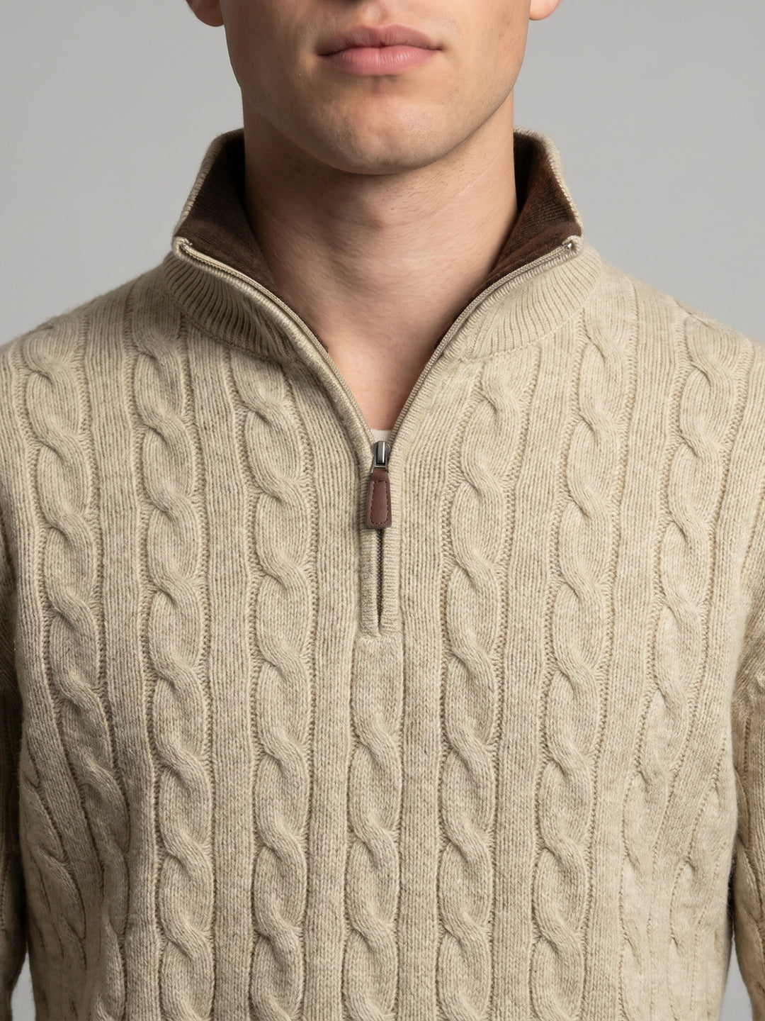 Luxuria Men Beige Self Design Collar Full Sleeve Pullover with Tasmania Lamb Neck Padding