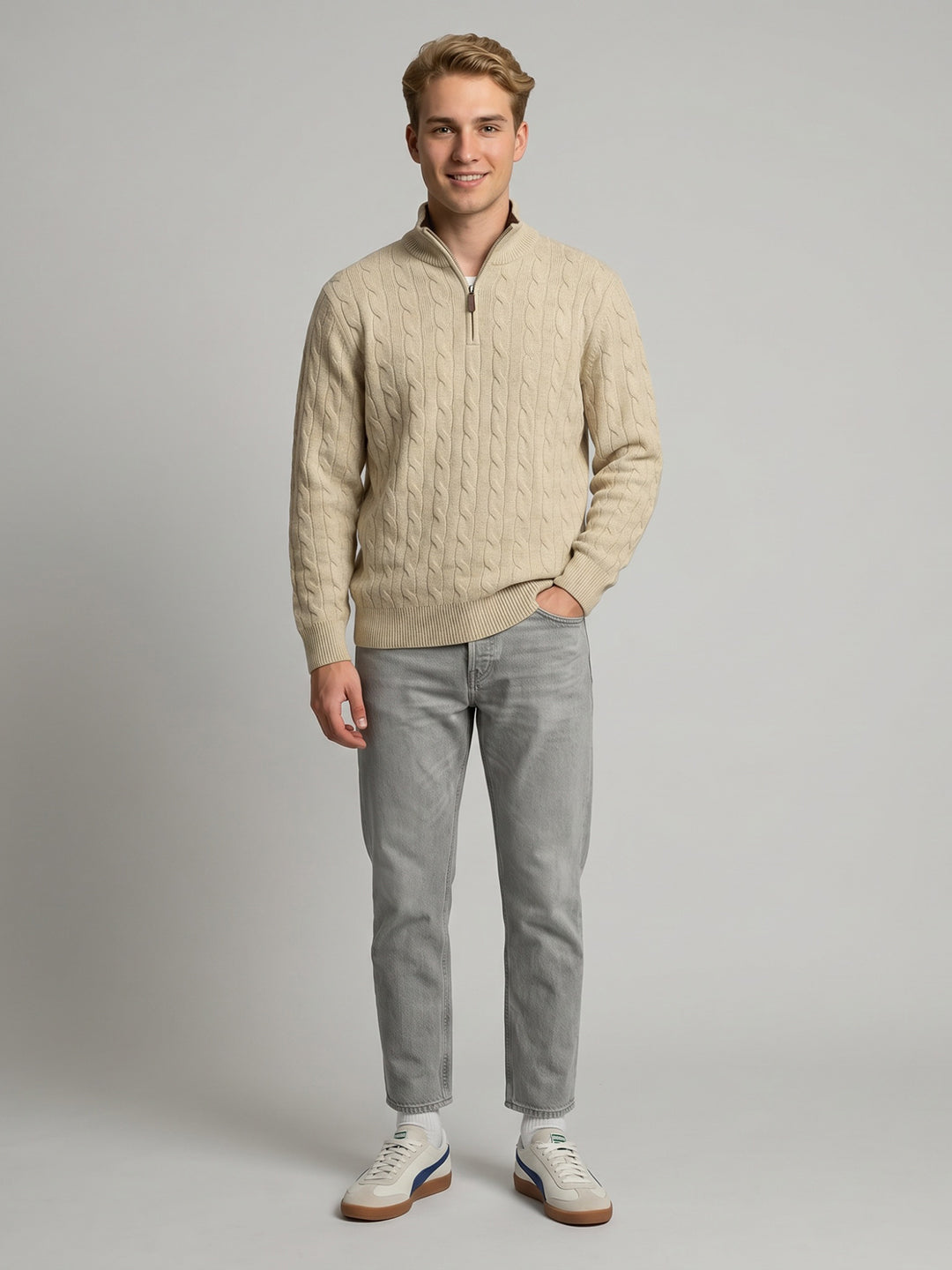 Luxuria Men Beige Self Design Collar Full Sleeve Pullover with Tasmania Lamb Neck Padding