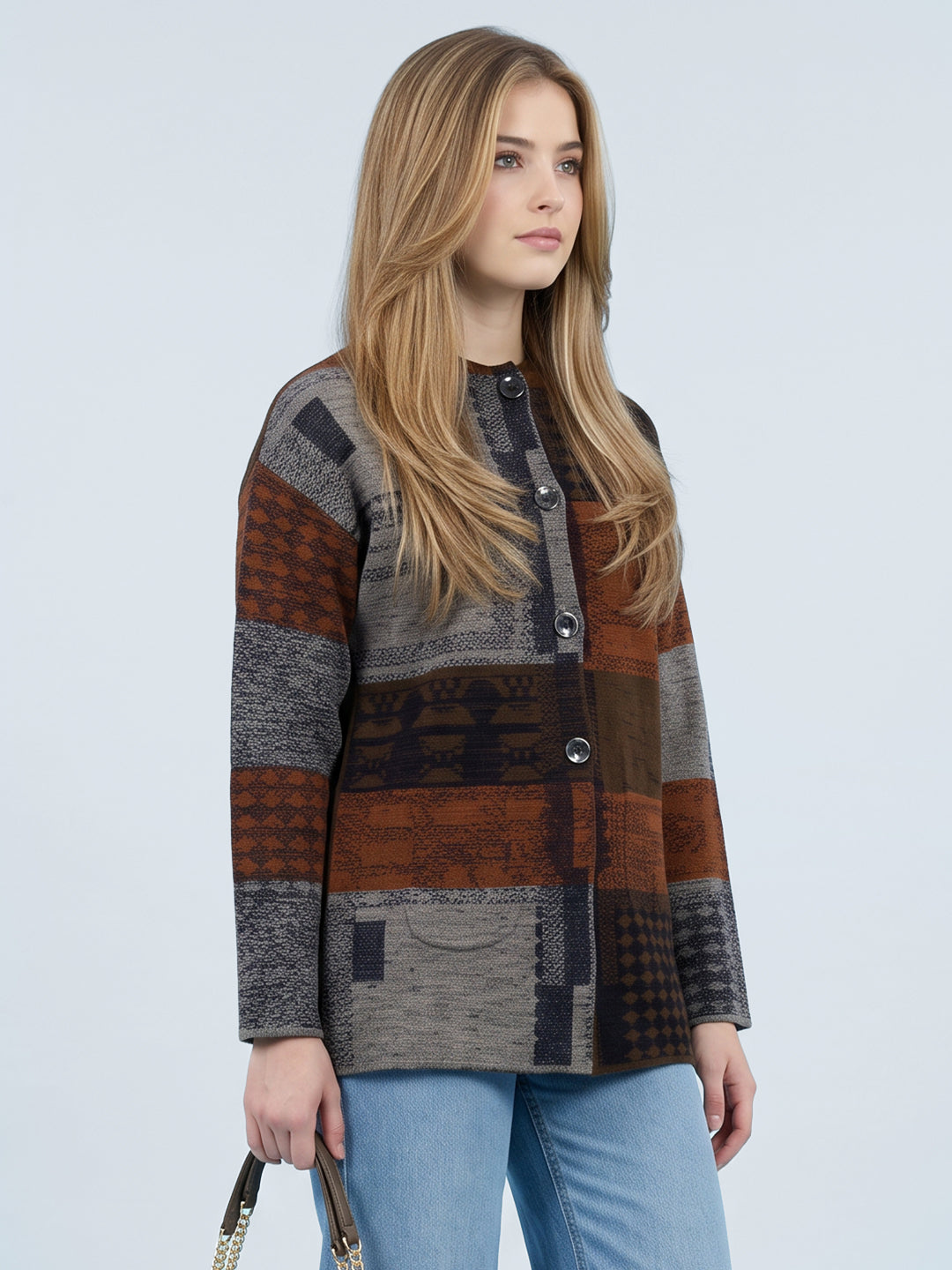 Luxuria Women Brown & Rust Colourblocked Round Neck Full Sleeve Knitted Coat