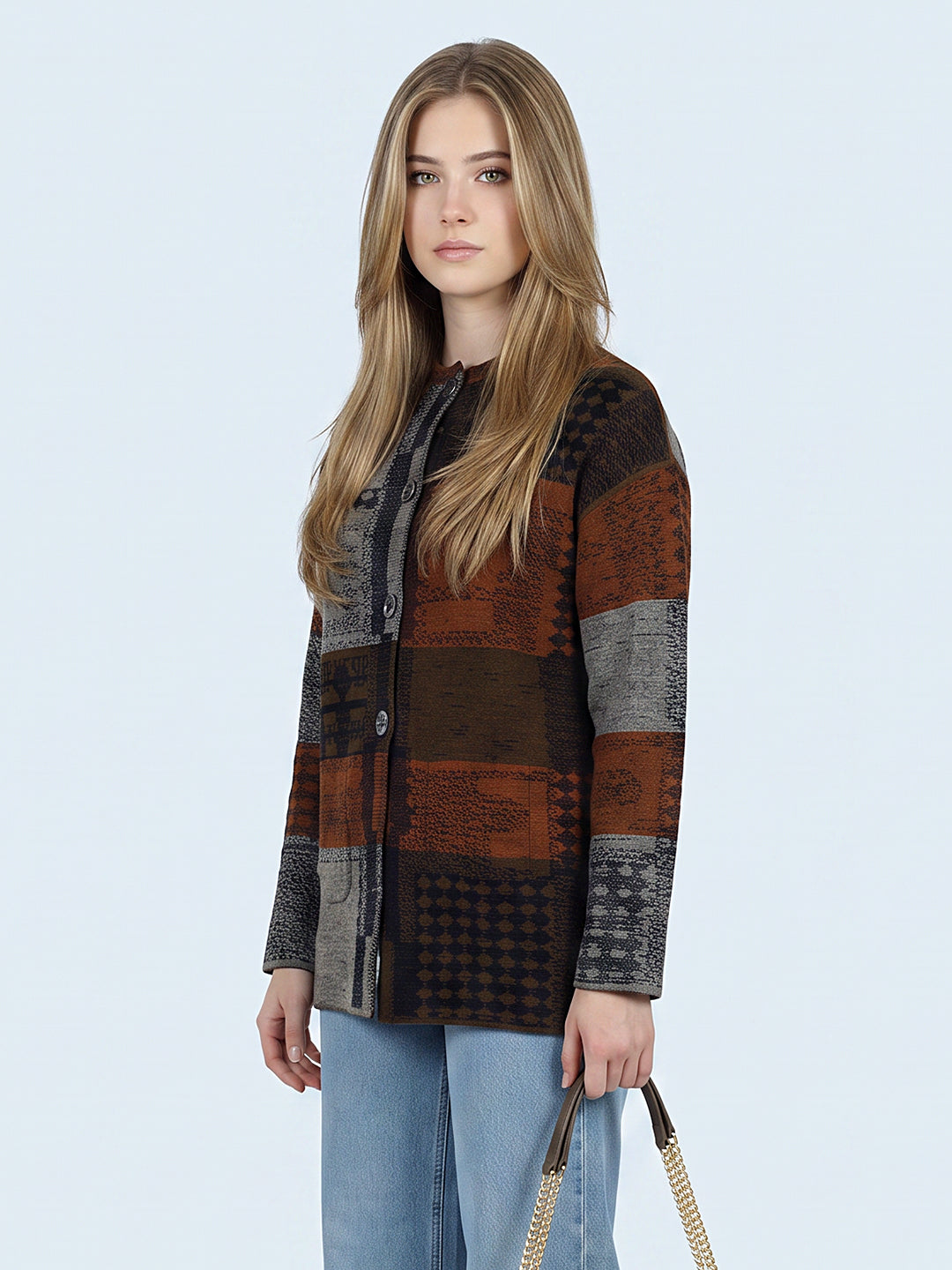 Luxuria Women Brown & Rust Colourblocked Round Neck Full Sleeve Knitted Coat
