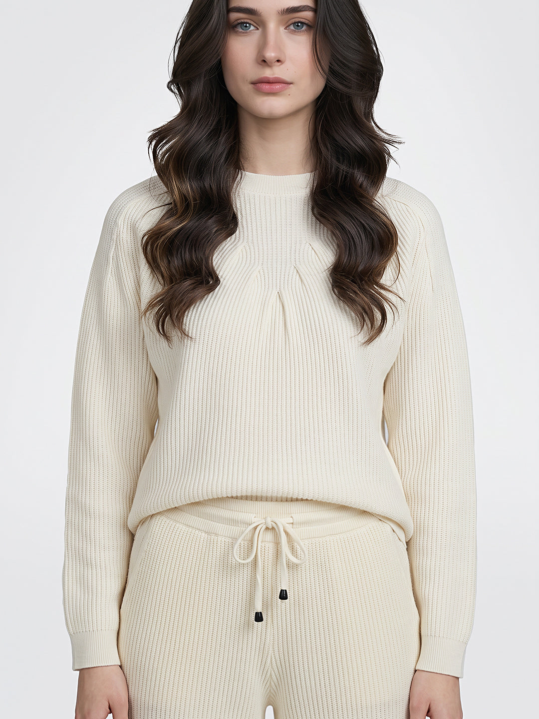 Luxuria Women Cream Self Design Round Neck Full Sleeve Cords Set