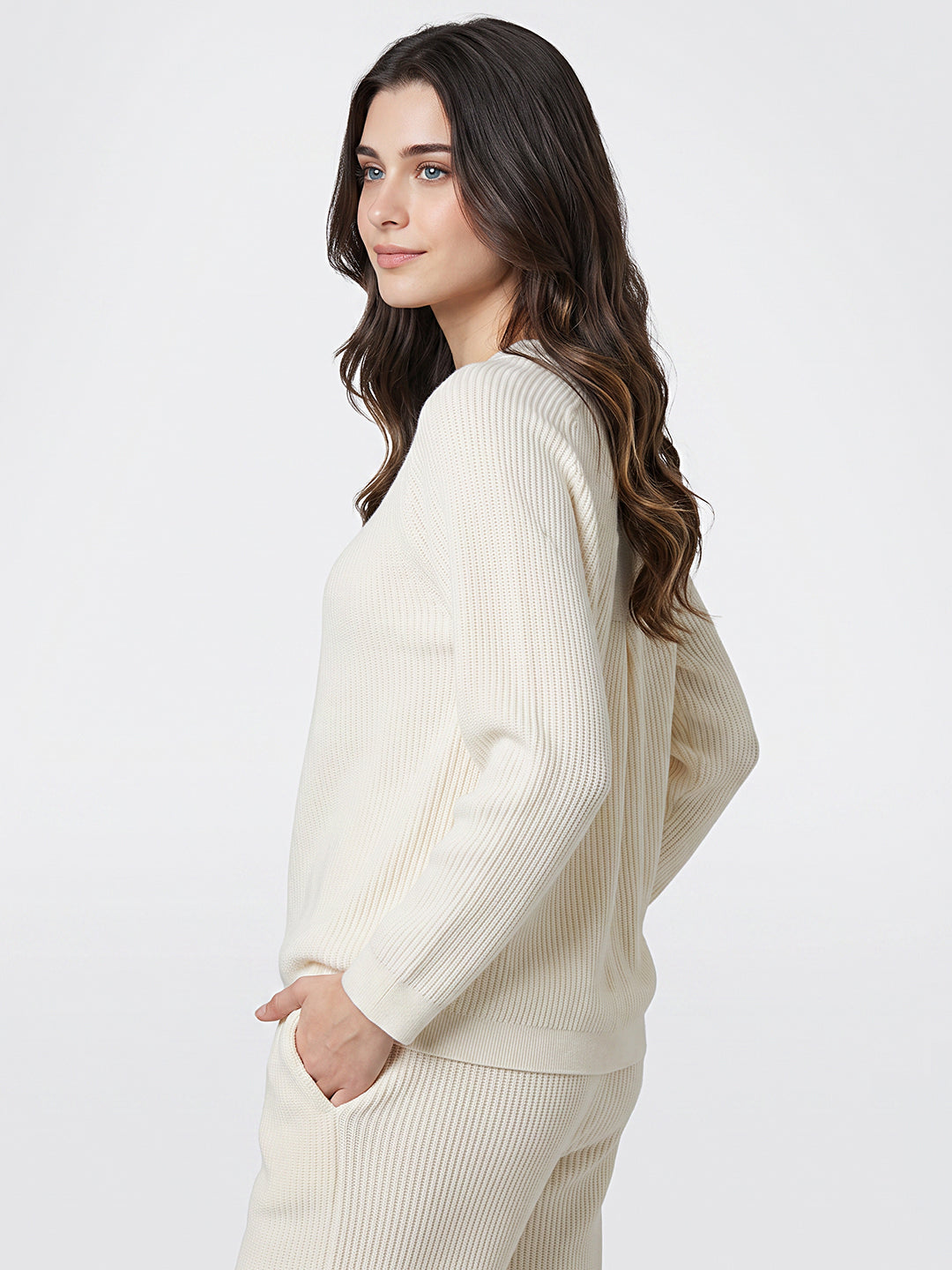 Luxuria Women Cream Self Design Round Neck Full Sleeve Cords Set