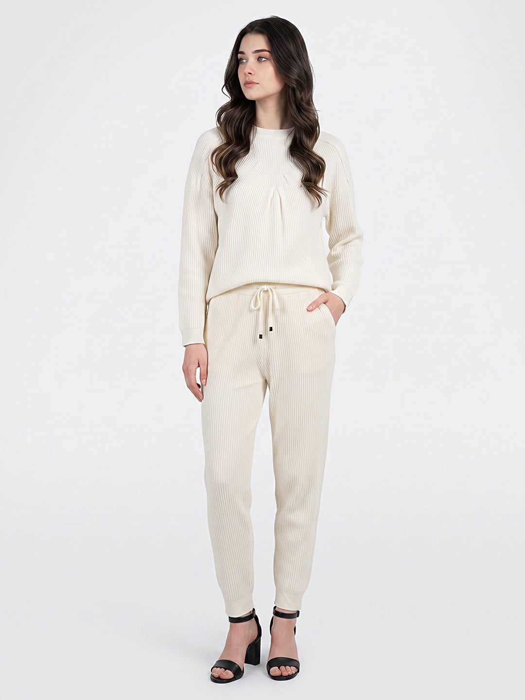 Luxuria Women Cream Self Design Round Neck Full Sleeve Cords Set